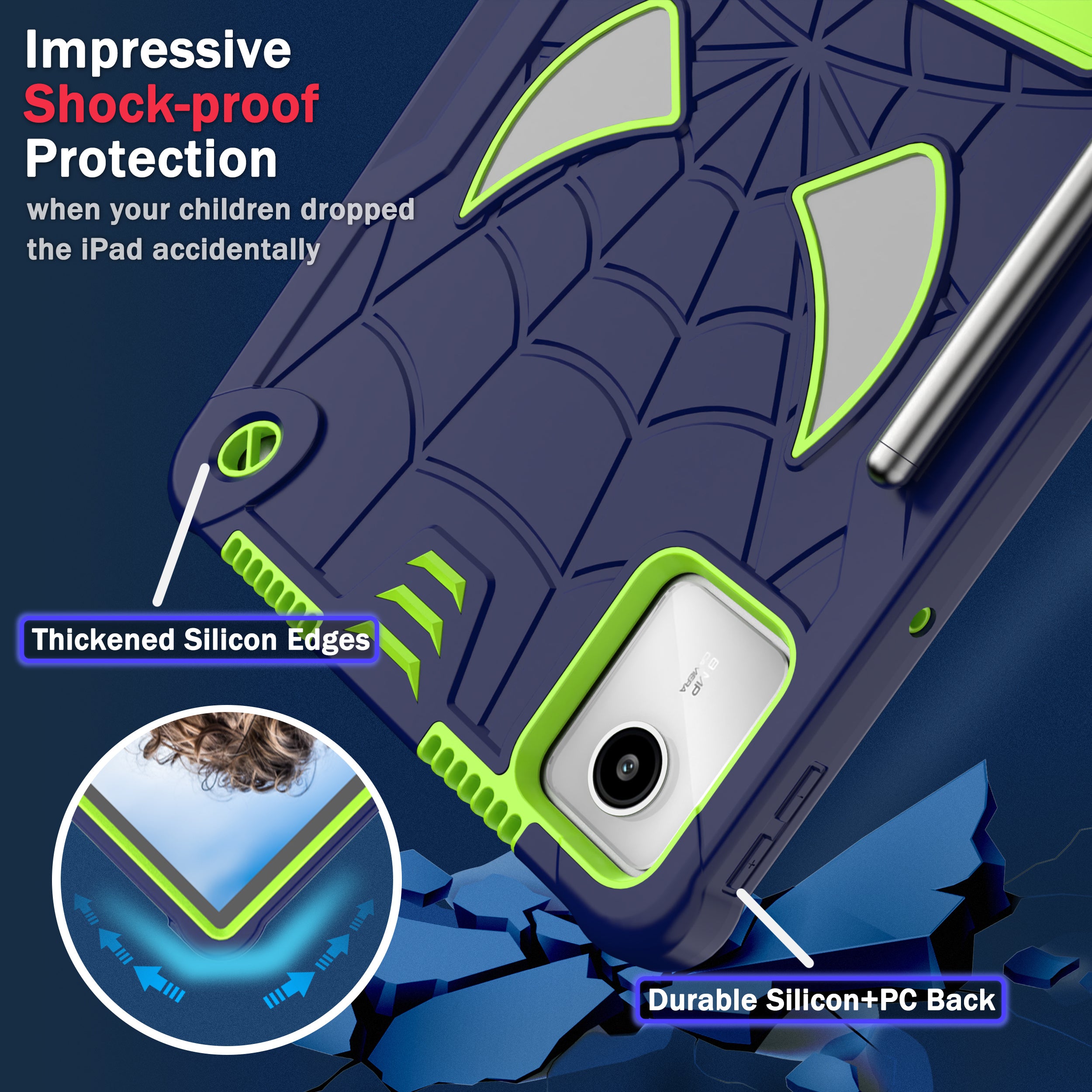 For Lenovo Tab M11 / Xiaoxin Pad 11 2024 Tablet Case Spider Design PC+Silicone Cover with Kickstand and Shoulder Strap - Navy Blue+Yellow Green