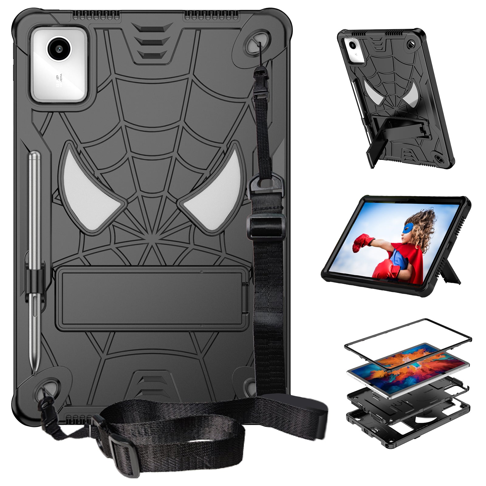 For Lenovo Tab M11 / Xiaoxin Pad 11 2024 Tablet Case Spider Design PC+Silicone Cover with Kickstand and Shoulder Strap - Black+Black