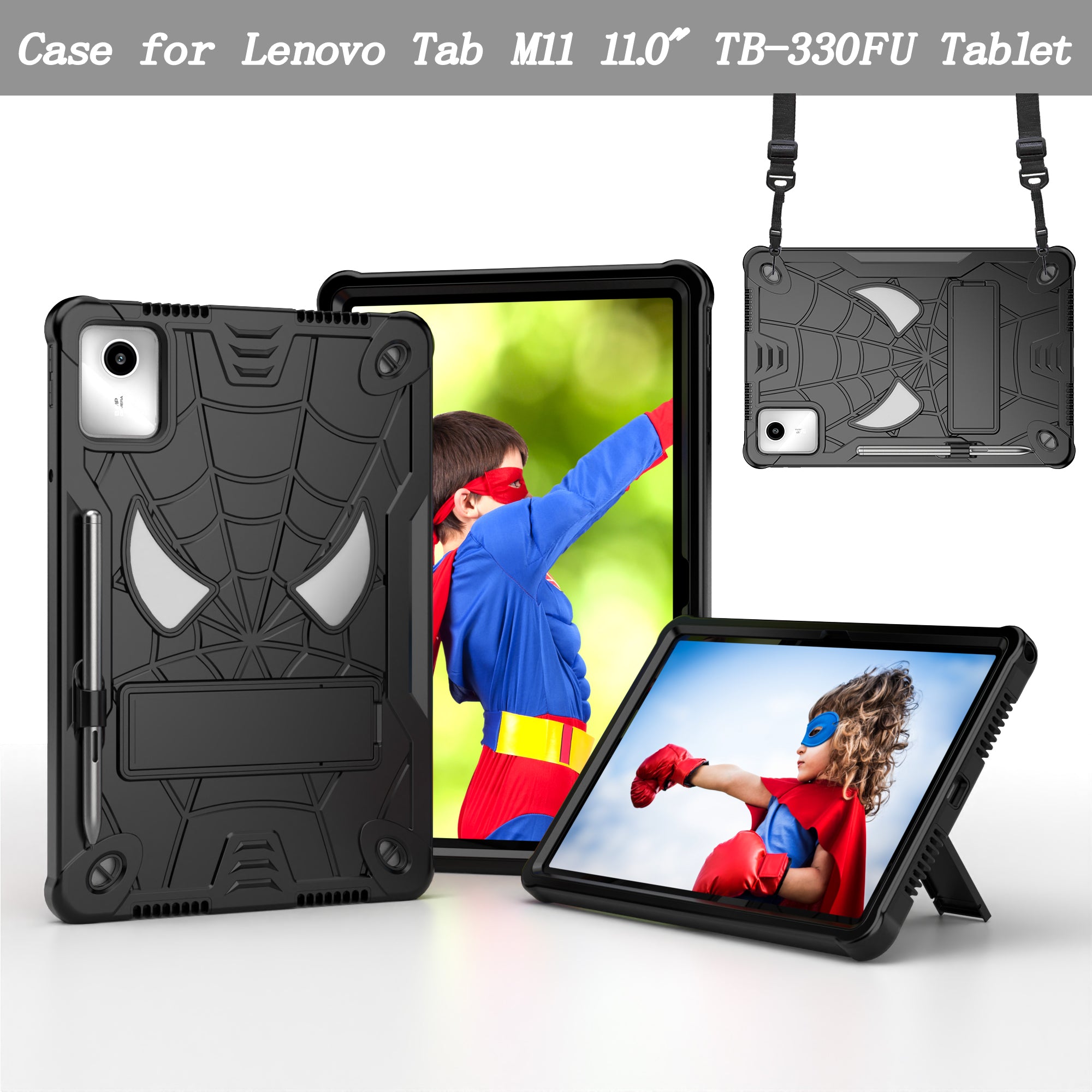 For Lenovo Tab M11 / Xiaoxin Pad 11 2024 Tablet Case Spider Design PC+Silicone Cover with Kickstand and Shoulder Strap - Black+Black