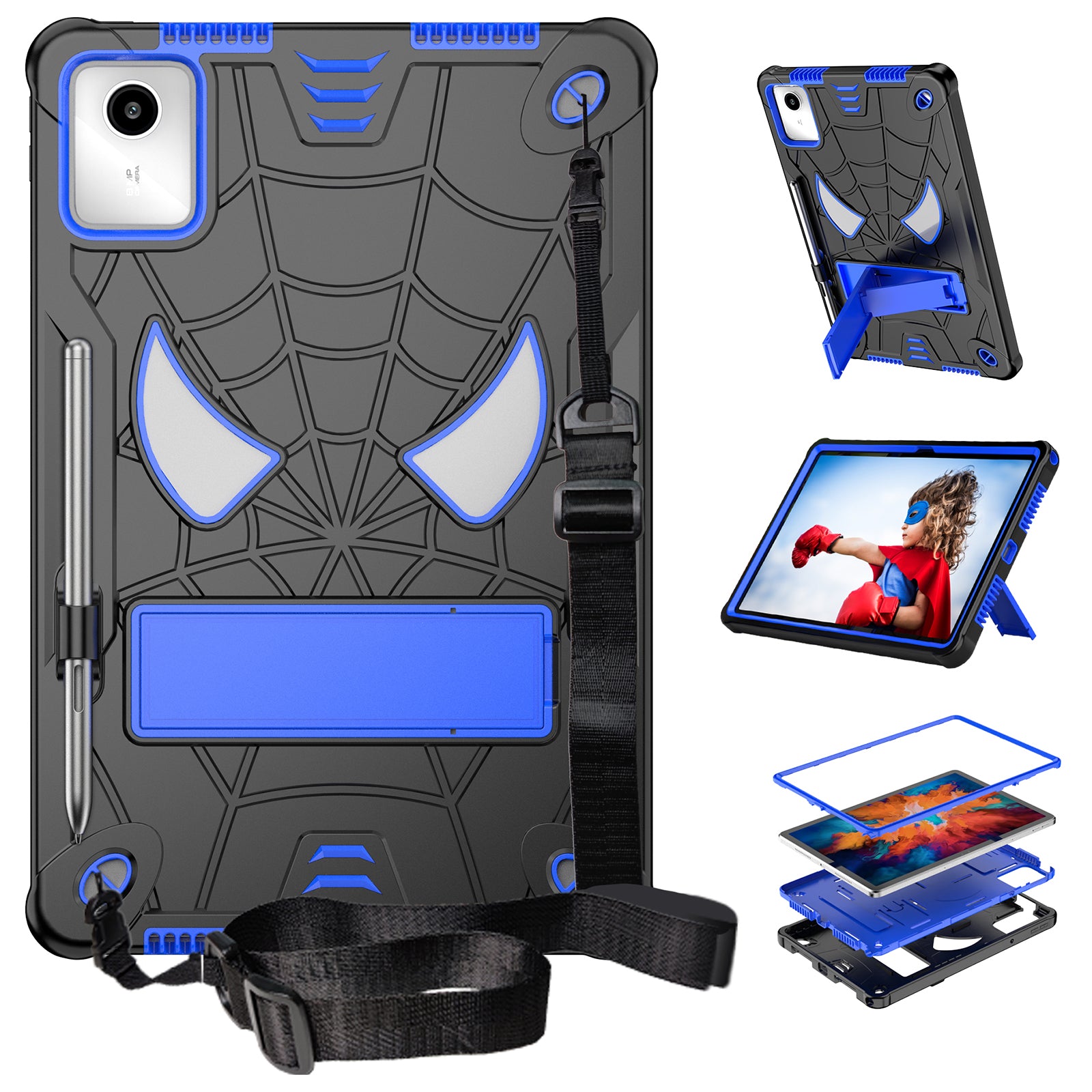 For Lenovo Tab M11 / Xiaoxin Pad 11 2024 Tablet Case Spider Design PC+Silicone Cover with Kickstand and Shoulder Strap - Black+Blue