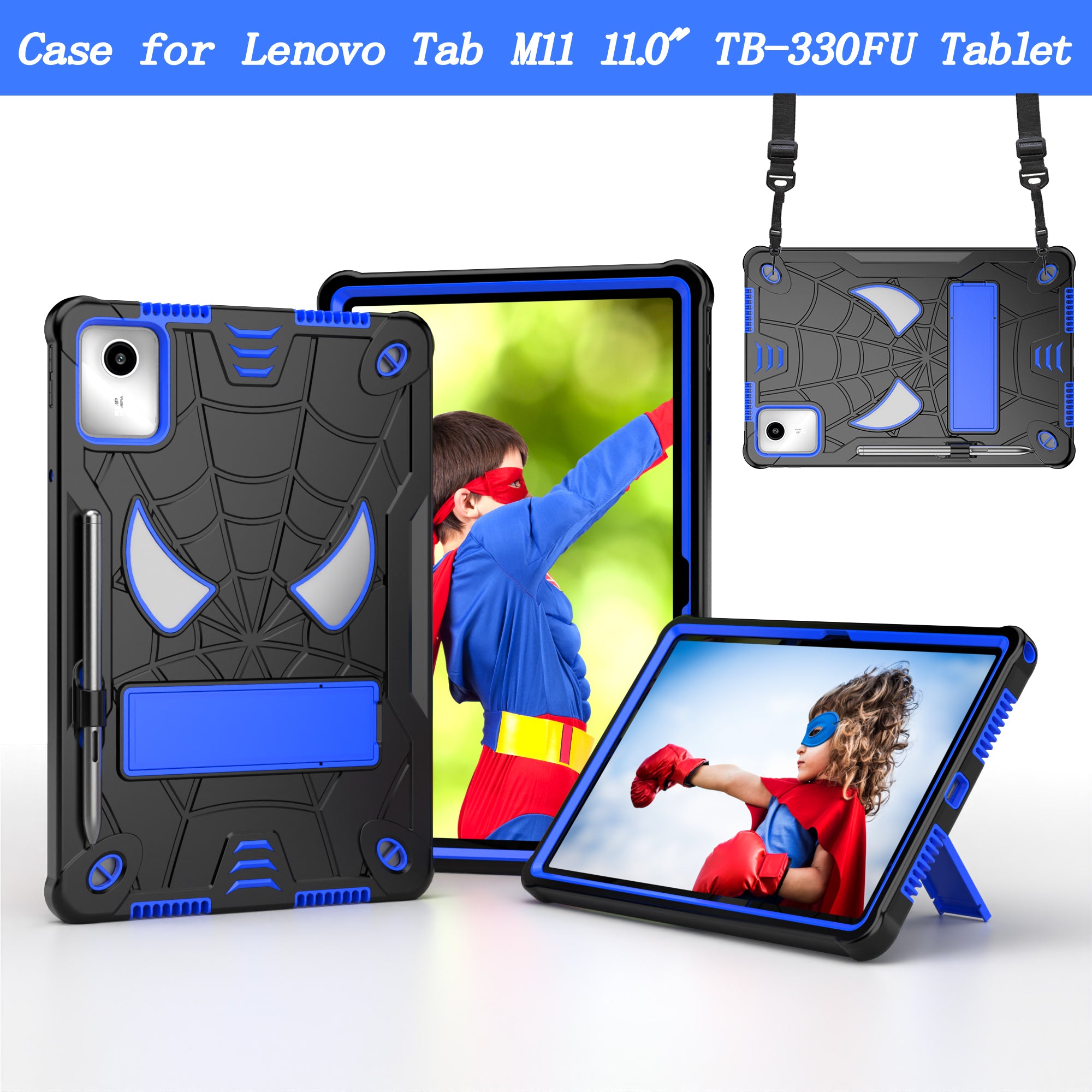 For Lenovo Tab M11 / Xiaoxin Pad 11 2024 Tablet Case Spider Design PC+Silicone Cover with Kickstand and Shoulder Strap - Black+Blue