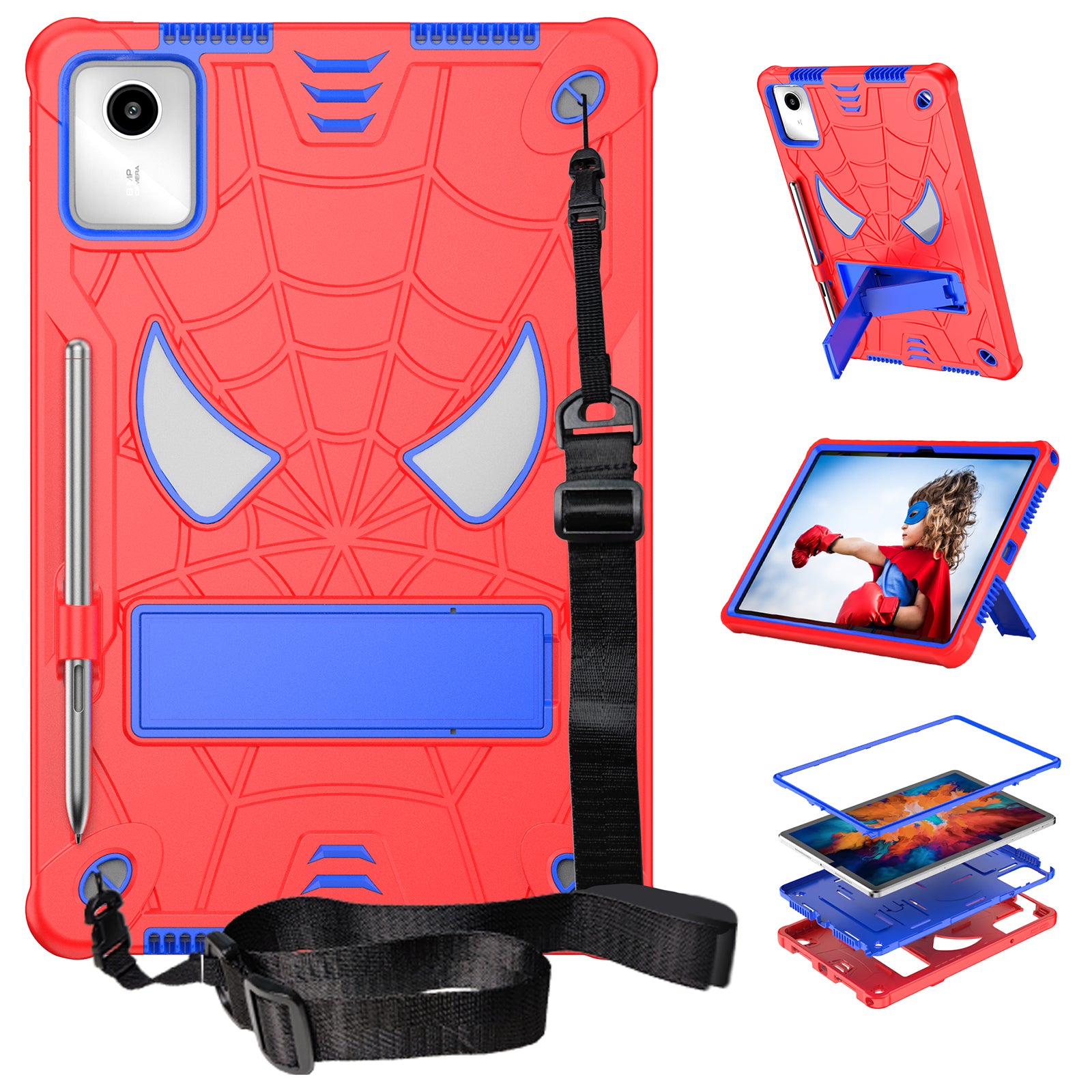 For Lenovo Tab M11 / Xiaoxin Pad 11 2024 Tablet Case Spider Design PC+Silicone Cover with Kickstand and Shoulder Strap - Red+Blue