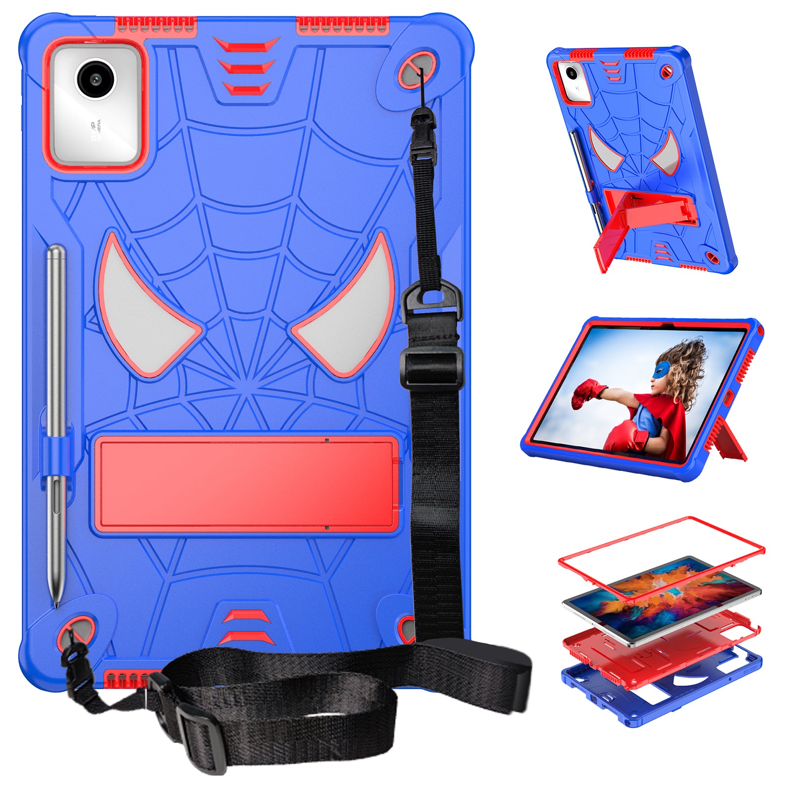 For Lenovo Tab M11 / Xiaoxin Pad 11 2024 Tablet Case Spider Design PC+Silicone Cover with Kickstand and Shoulder Strap - Blue+Red