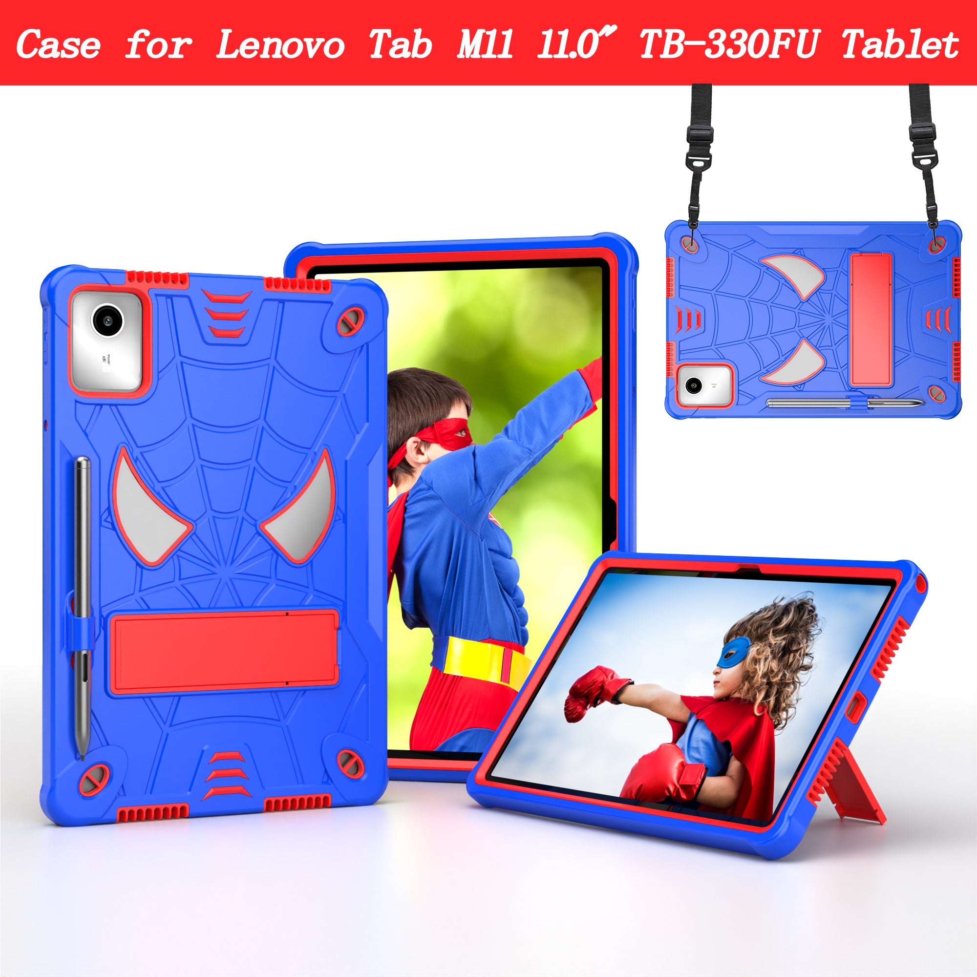 For Lenovo Tab M11 / Xiaoxin Pad 11 2024 Tablet Case Spider Design PC+Silicone Cover with Kickstand and Shoulder Strap - Blue+Red