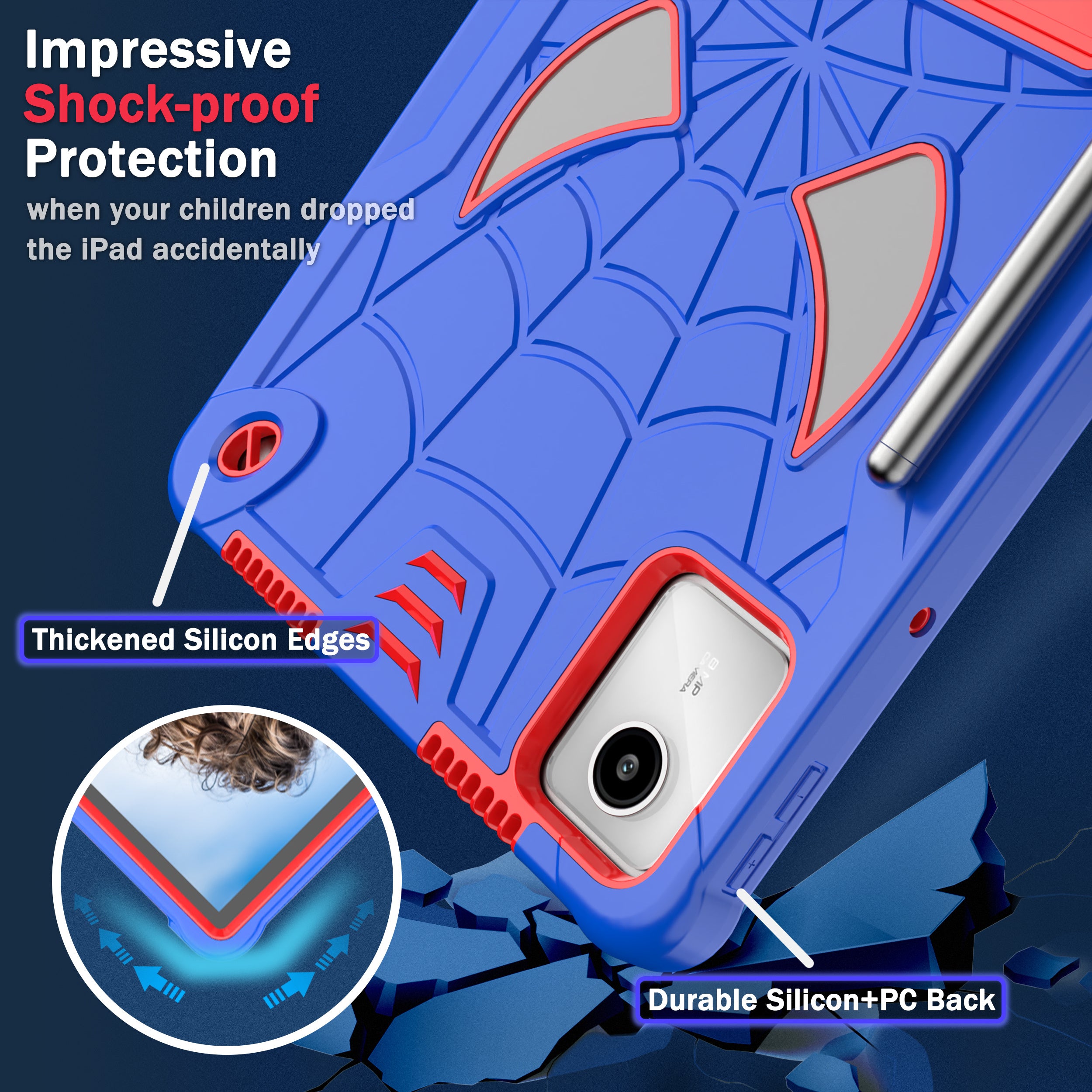 For Lenovo Tab M11 / Xiaoxin Pad 11 2024 Tablet Case Spider Design PC+Silicone Cover with Kickstand and Shoulder Strap - Blue+Red