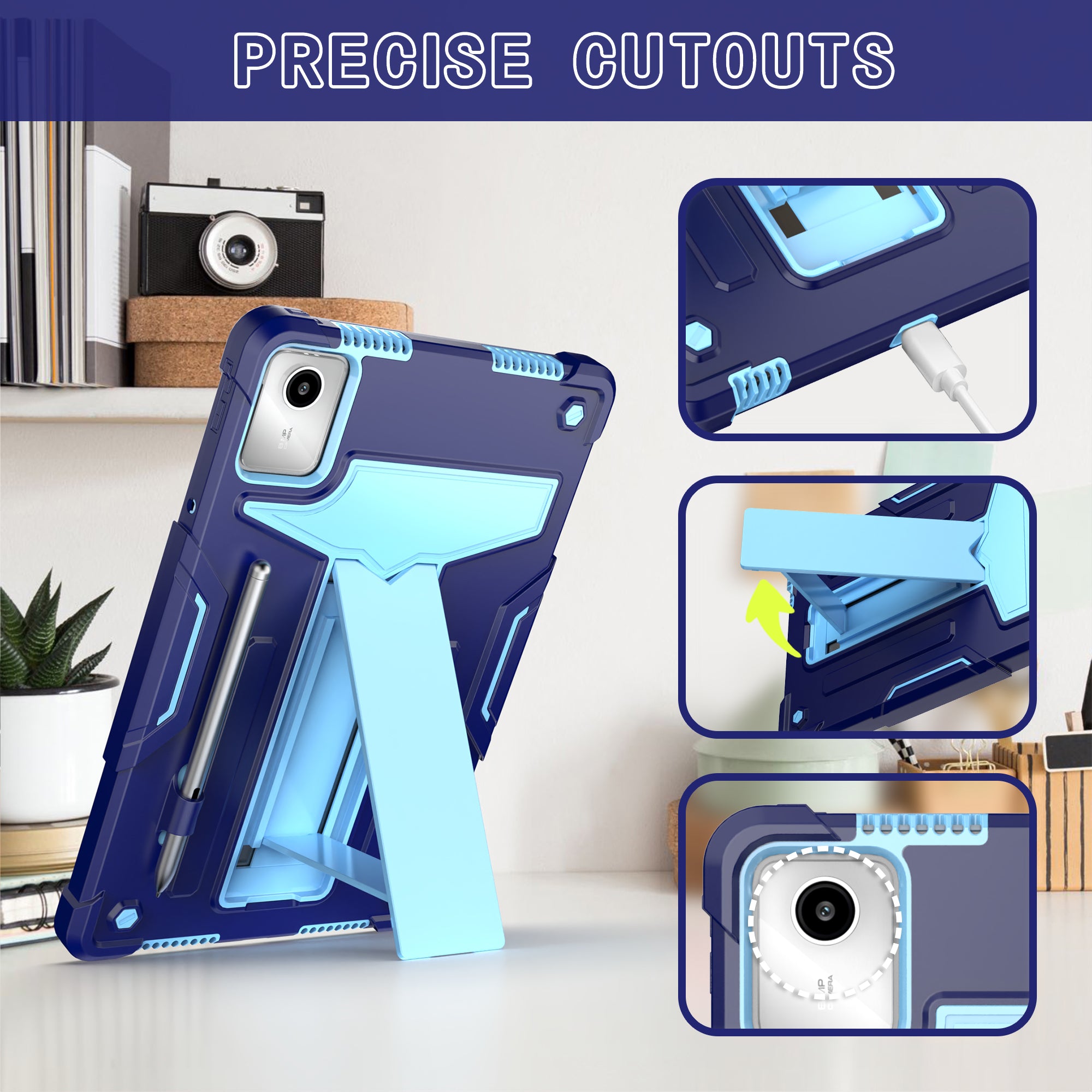 For Lenovo Tab M11 / Xiaoxin Pad 11 2024 Case Case T-Shaped Kickstand PC+Silicone Tablet Cover - Navy Blue+Blue