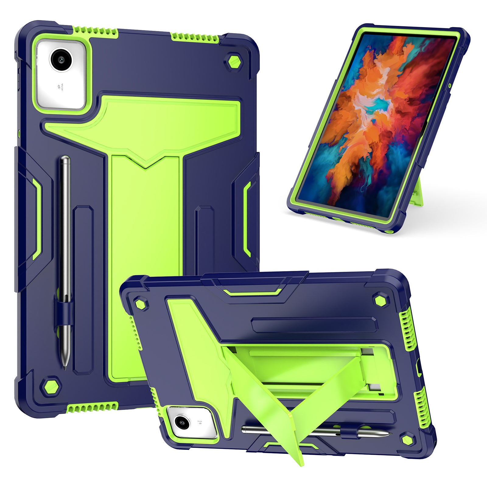 For Lenovo Tab M11 / Xiaoxin Pad 11 2024 Case Case T-Shaped Kickstand PC+Silicone Tablet Cover - Navy Blue+Green