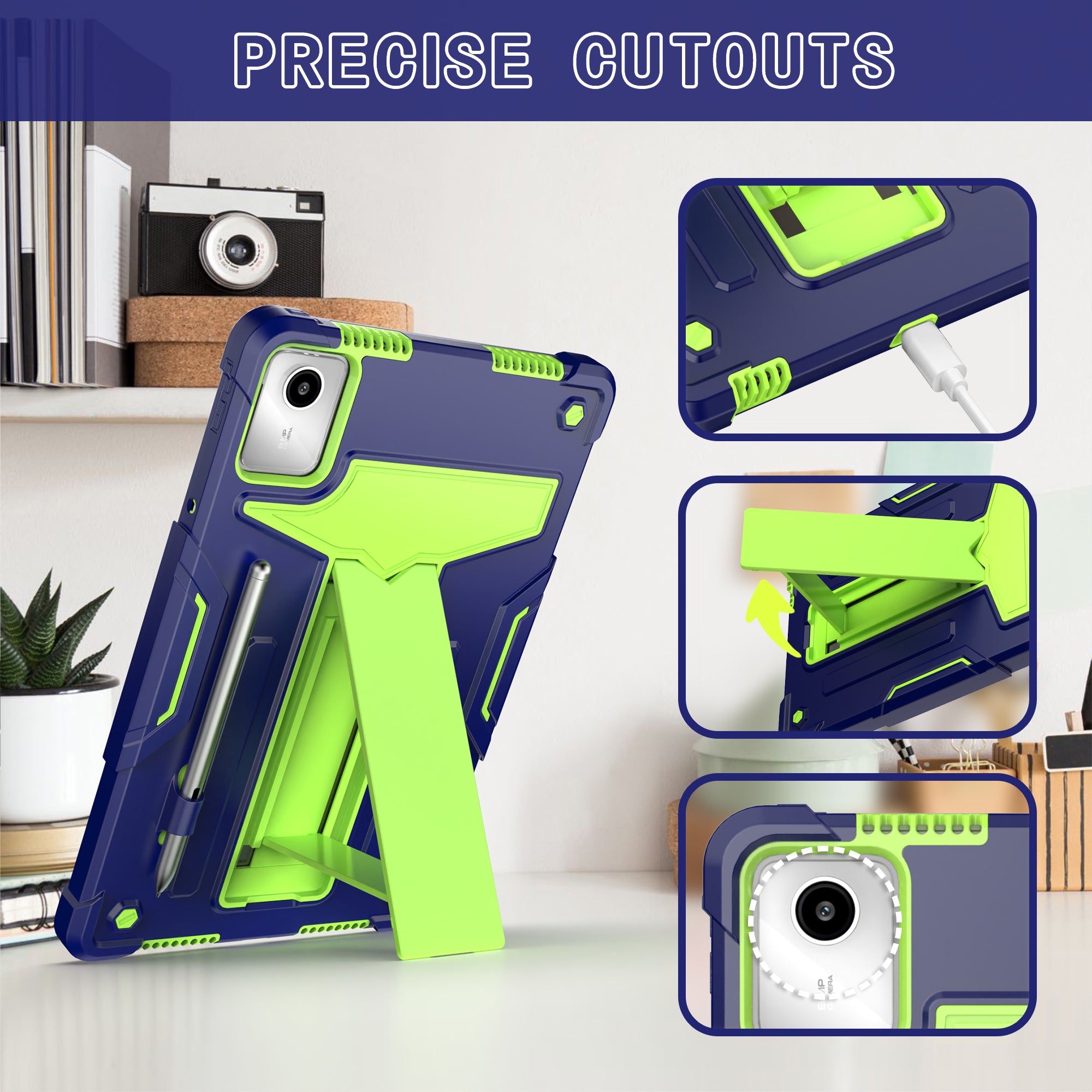 For Lenovo Tab M11 / Xiaoxin Pad 11 2024 Case Case T-Shaped Kickstand PC+Silicone Tablet Cover - Navy Blue+Green