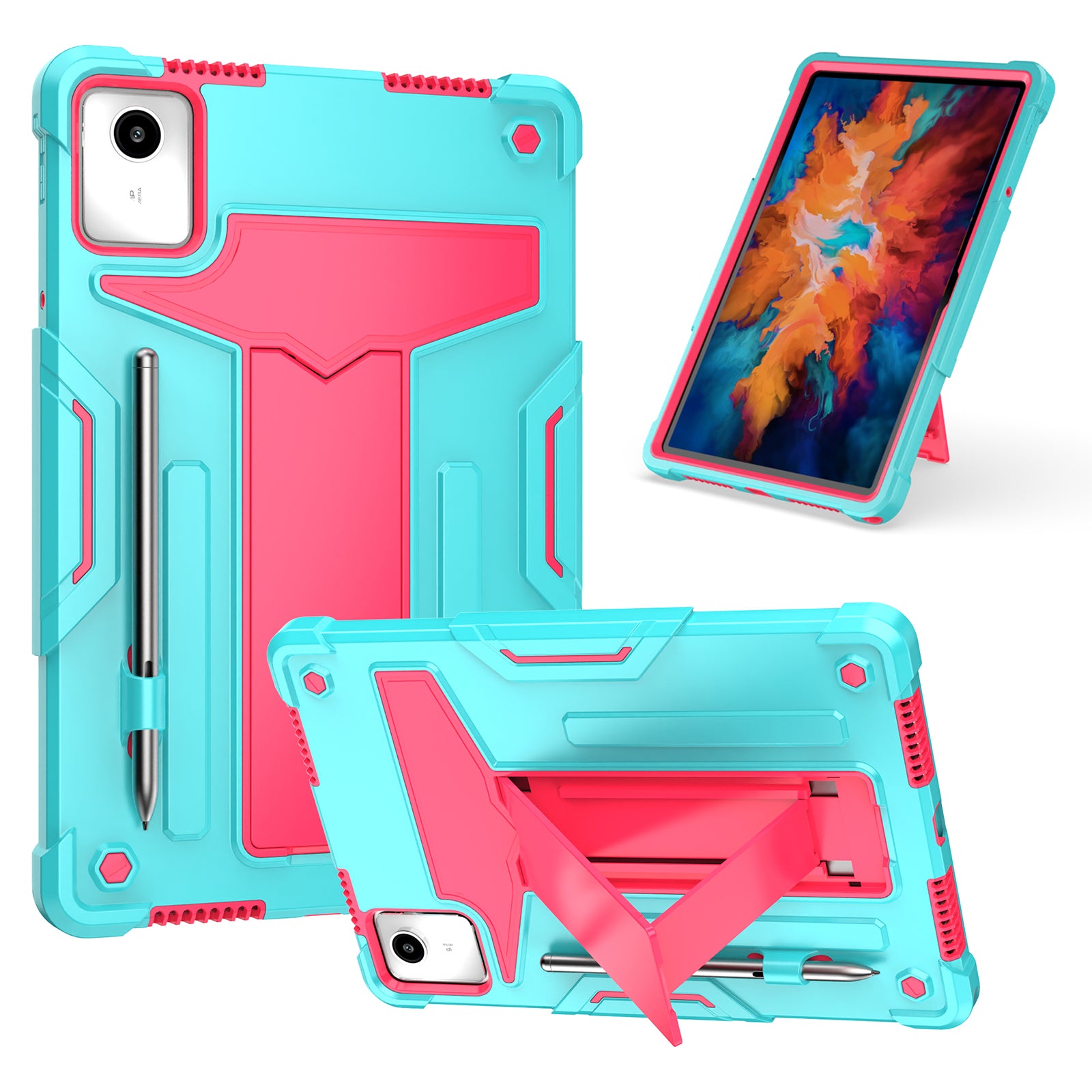 For Lenovo Tab M11 / Xiaoxin Pad 11 2024 Case Case T-Shaped Kickstand PC+Silicone Tablet Cover - Mint Green+Rose