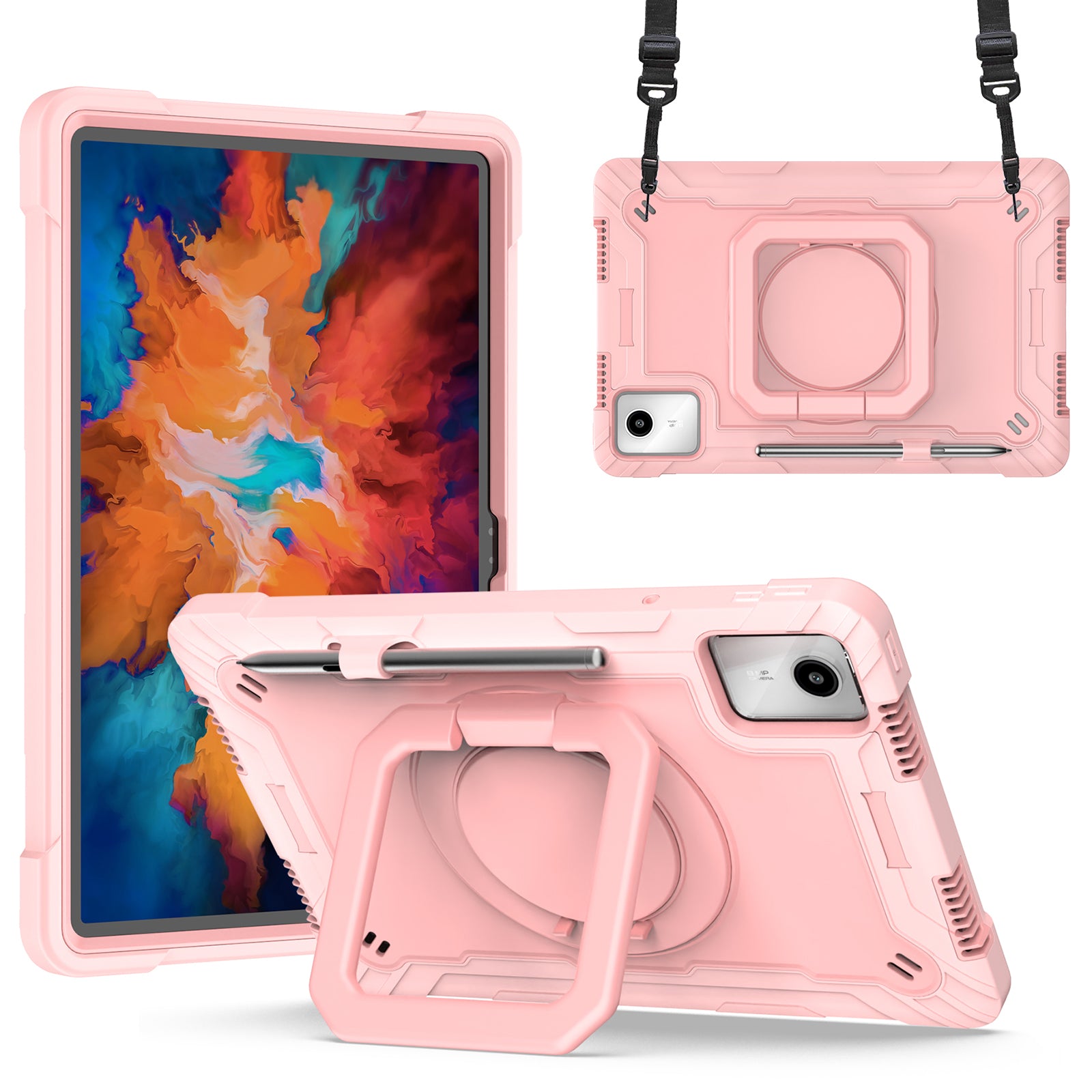 For Lenovo Tab M11 / Xiaoxin Pad 11 2024 Case Protective Kickstand Tablet Cover with Shoulder Strap - Rose Gold