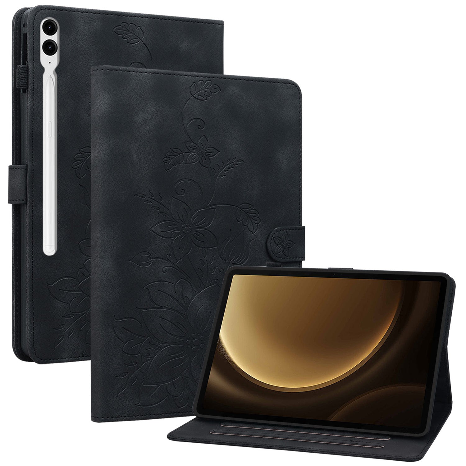 For Samsung Galaxy Tab S10+ / S9+ / S9 FE+ Card Slots Case Lily Flower Imprint PU Leather Tablet Cover - Black