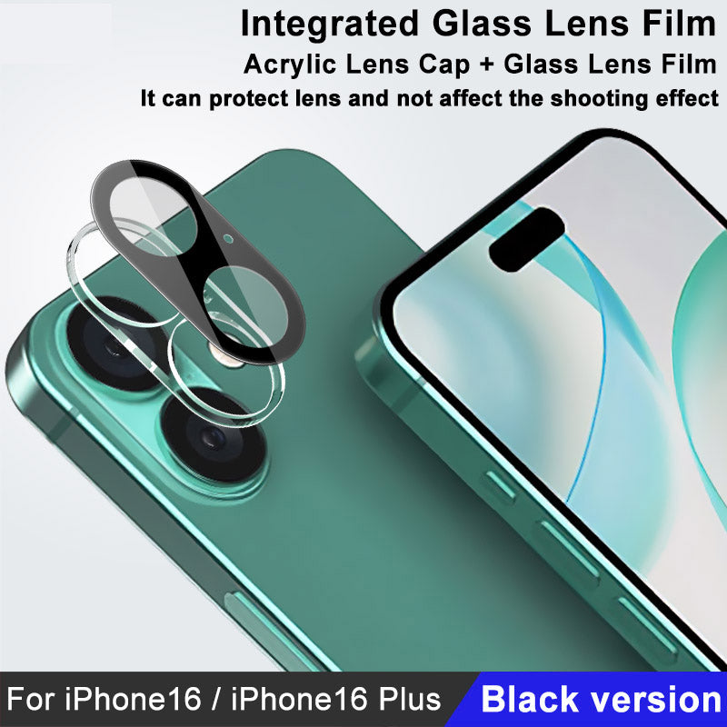 IMAK For iPhone 16 / 16 Plus Camera Lens Protector+Acrylic Lens Cap Tempered Glass Lens Film HD Clear (Black Version)