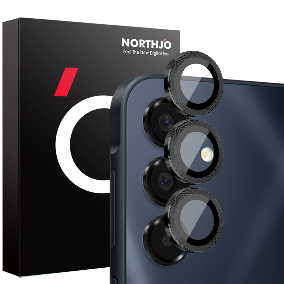 NORTHJO 1 Set For Samsung Galaxy A16 5G / A16 4G Camera Lens Flim+Tempered Glass+Metal Ring Lens Protector - Black