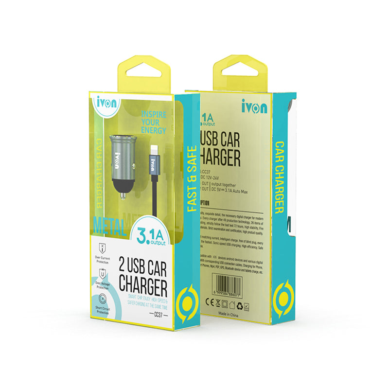 IVON CC37 3.1A Dual USB Fast Charging Car Charger with Lightning Cable for iOS Android