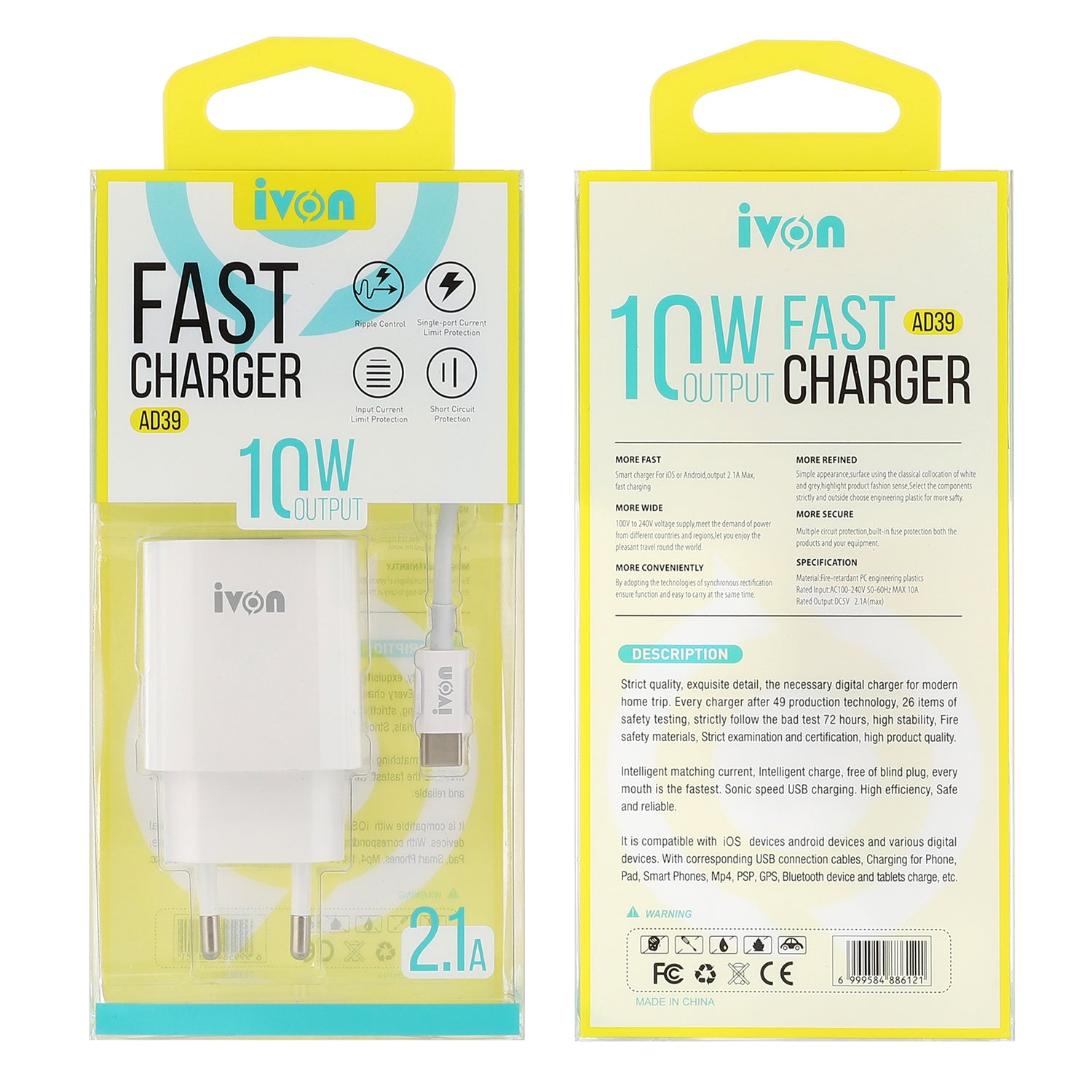 IVON AD39 10W Fast Charging Wall Charger Portable EU Plug Power Adapter with Type C Cable