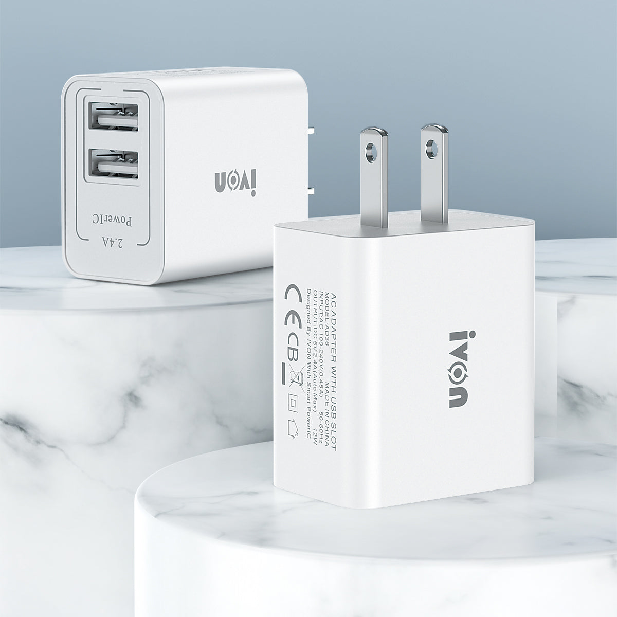 IVON AD36 12W USB Wall Charger US Plug 5V 2.4A Dual USB Port Fast Charging Block