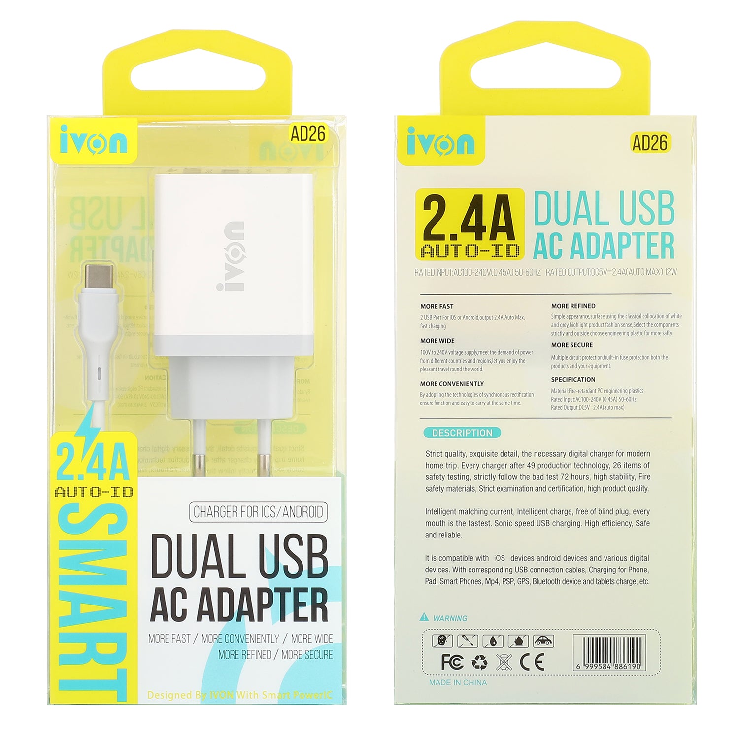 IVON AD26 12W Fast Charging Block 5V 2.4A Dual USB Port Wall Charger EU Plug with Type C Cable