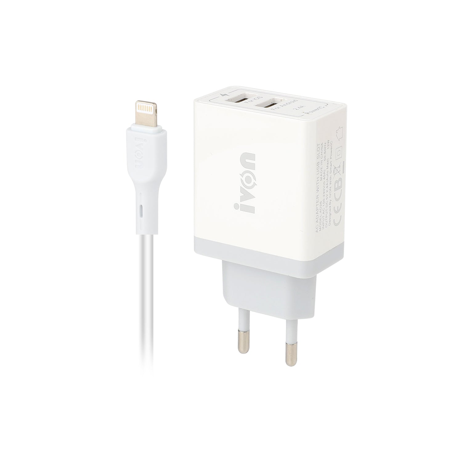 IVON AD26 12W Fast Charging Block 5V 2.4A Dual USB Port Wall Charger EU Plug with Lightning Cable