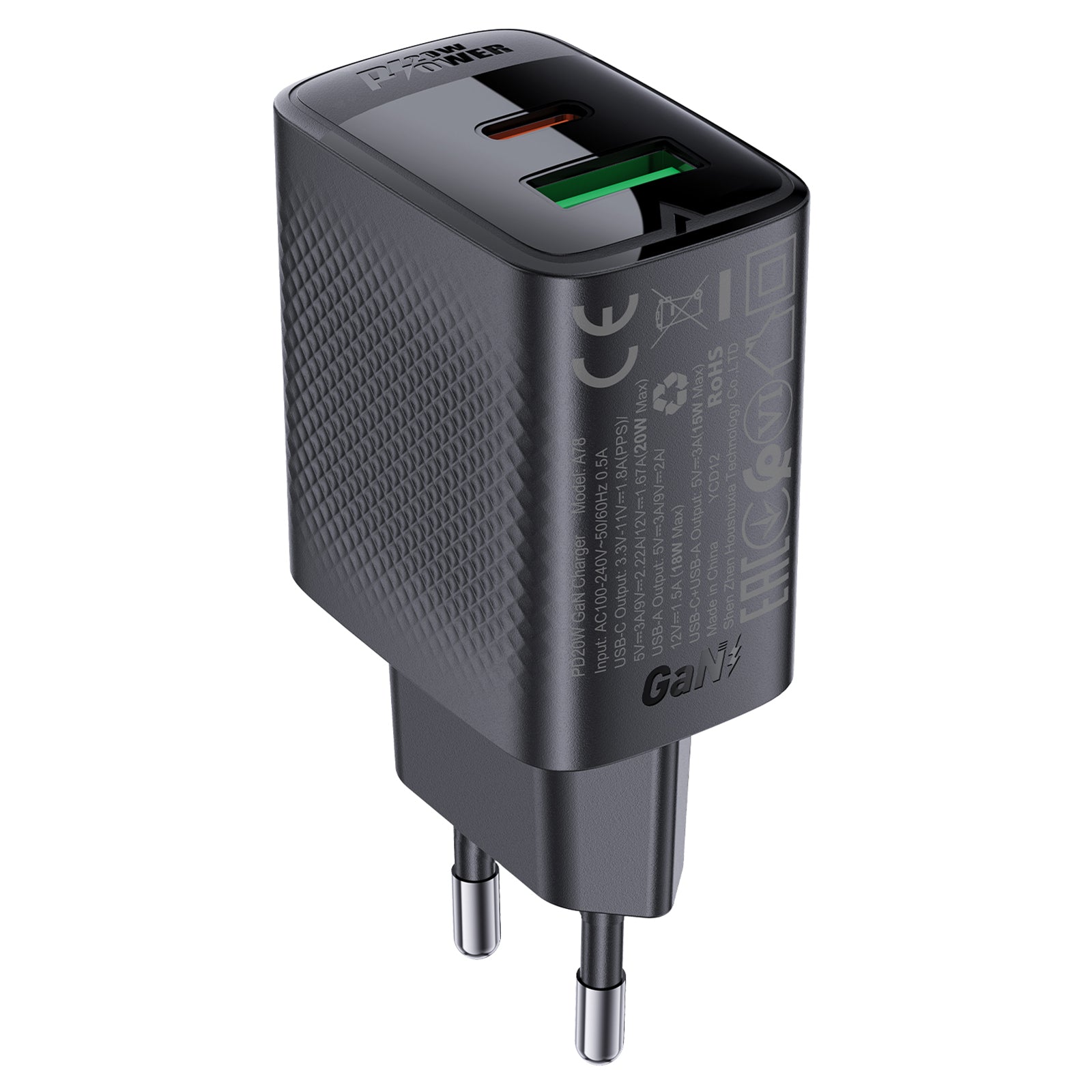 ACEFAST A78 GaN Wall Charger Plug PD 20W USB+Type-C Charging Adapter (EU Plug)