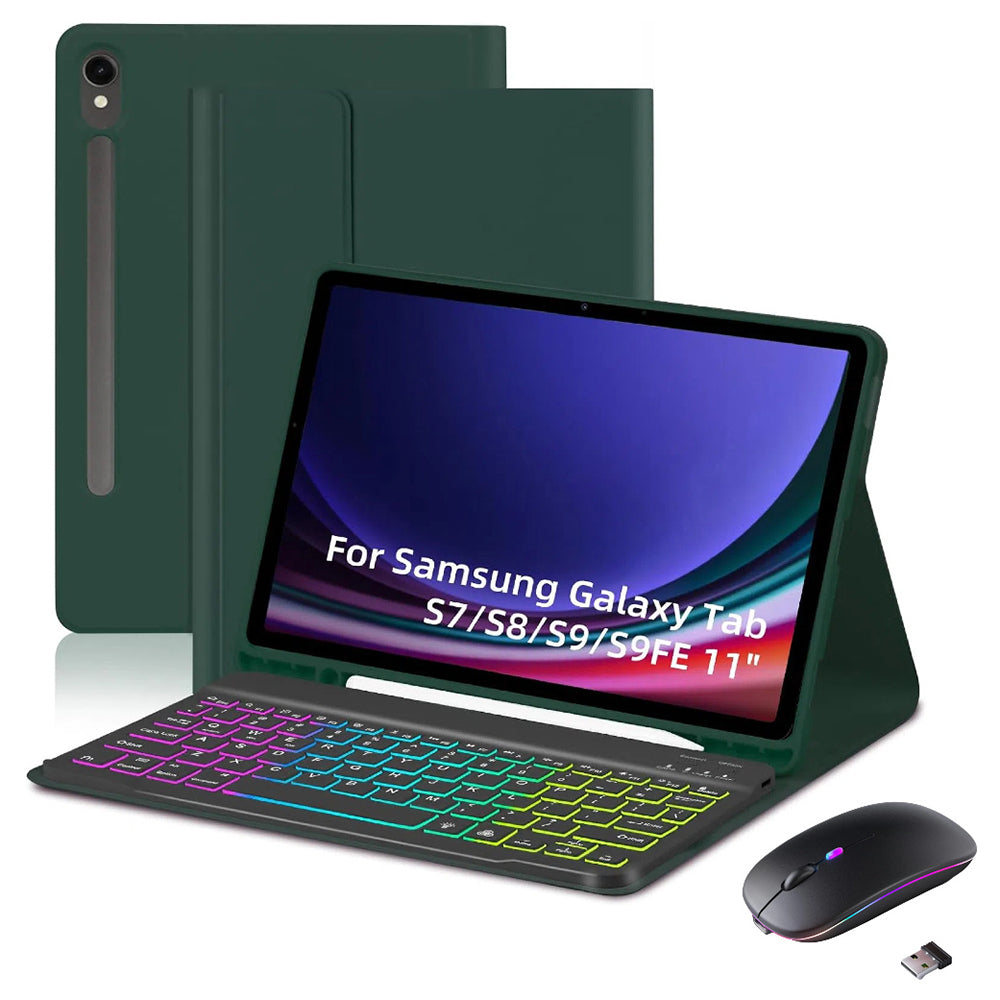 RGB-X710D Bluetooth Keyboard Mouse Set for Samsung Galaxy Tab S9 FE / S9 / S8 / S7 Leather Tablet Case + RGB Backlit Keyboard + Mouse - Midnight Green