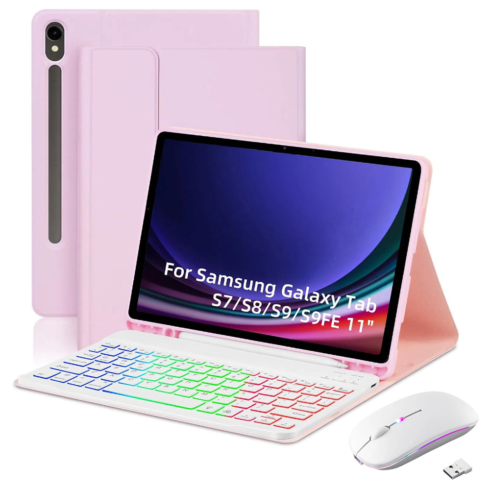 RGB-X710D Bluetooth Keyboard Mouse Set for Samsung Galaxy Tab S9 FE / S9 / S8 / S7 Leather Tablet Case + RGB Backlit Keyboard + Mouse - Pink