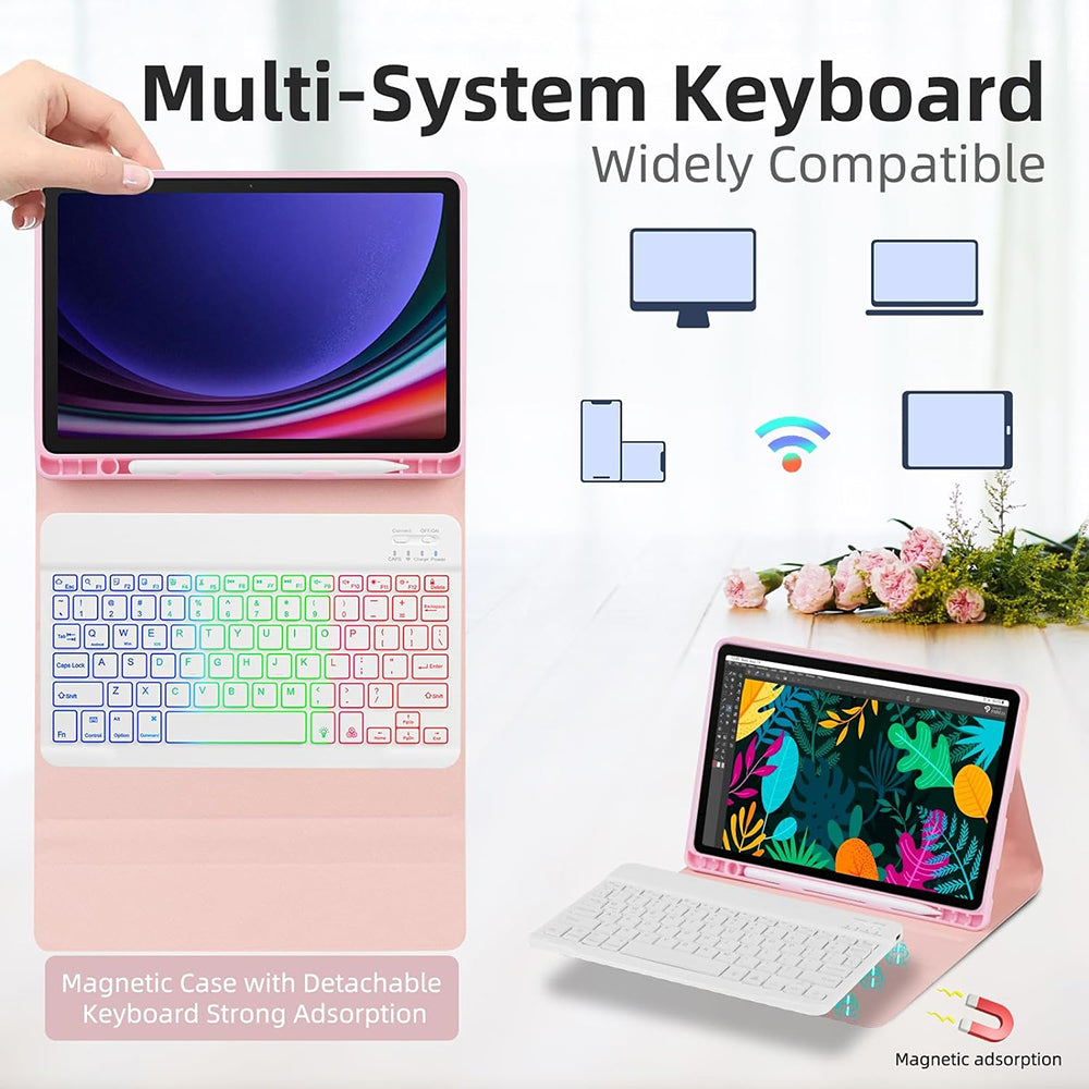 RGB-X710D Bluetooth Keyboard Mouse Set for Samsung Galaxy Tab S9 FE / S9 / S8 / S7 Leather Tablet Case + RGB Backlit Keyboard + Mouse - Pink