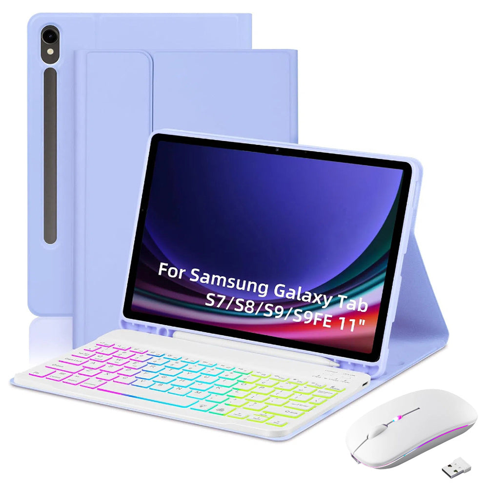 RGB-X710D Bluetooth Keyboard Mouse Set for Samsung Galaxy Tab S9 FE / S9 / S8 / S7 Leather Tablet Case + RGB Backlit Keyboard + Mouse - Light Purple