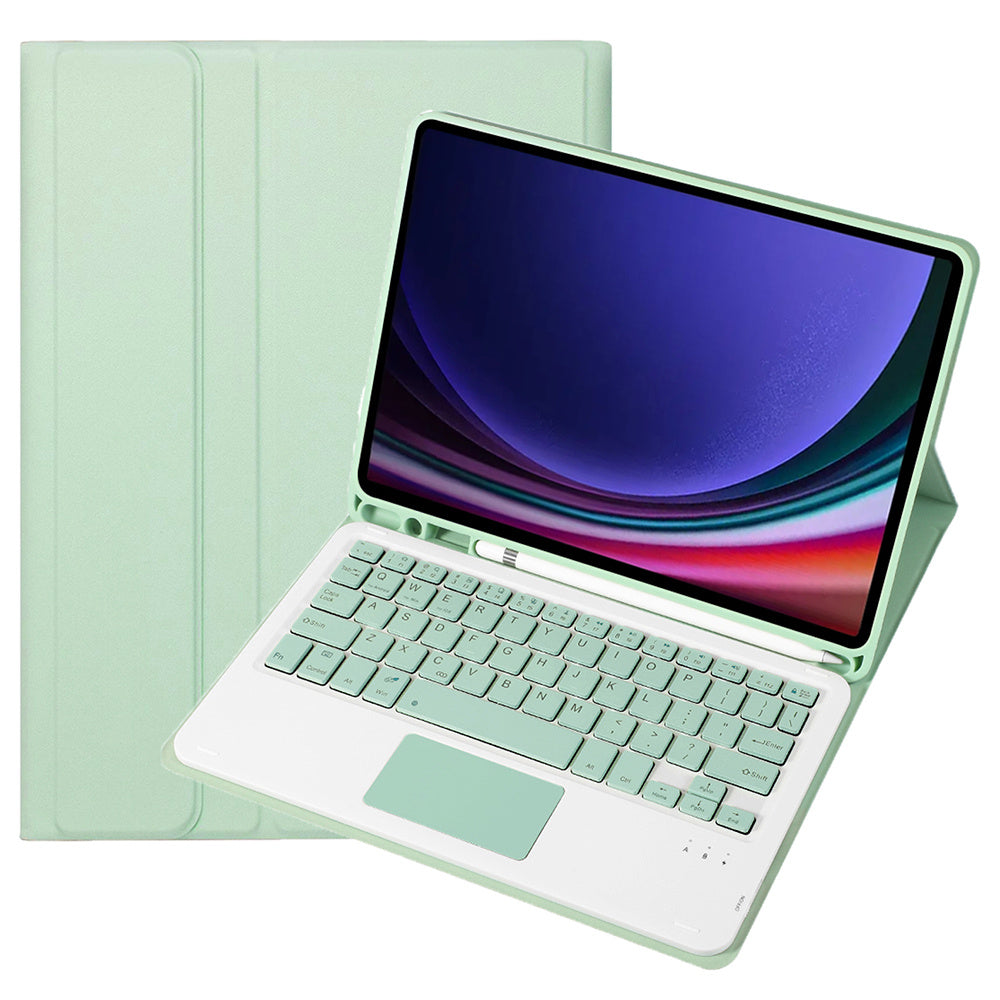 A710B-A For Samsung Galaxy Tab S9 / S9 FE X710 / X716B / X718U PU Leather Flip Cover with Touchpad Bluetooth Keyboard - Light Green