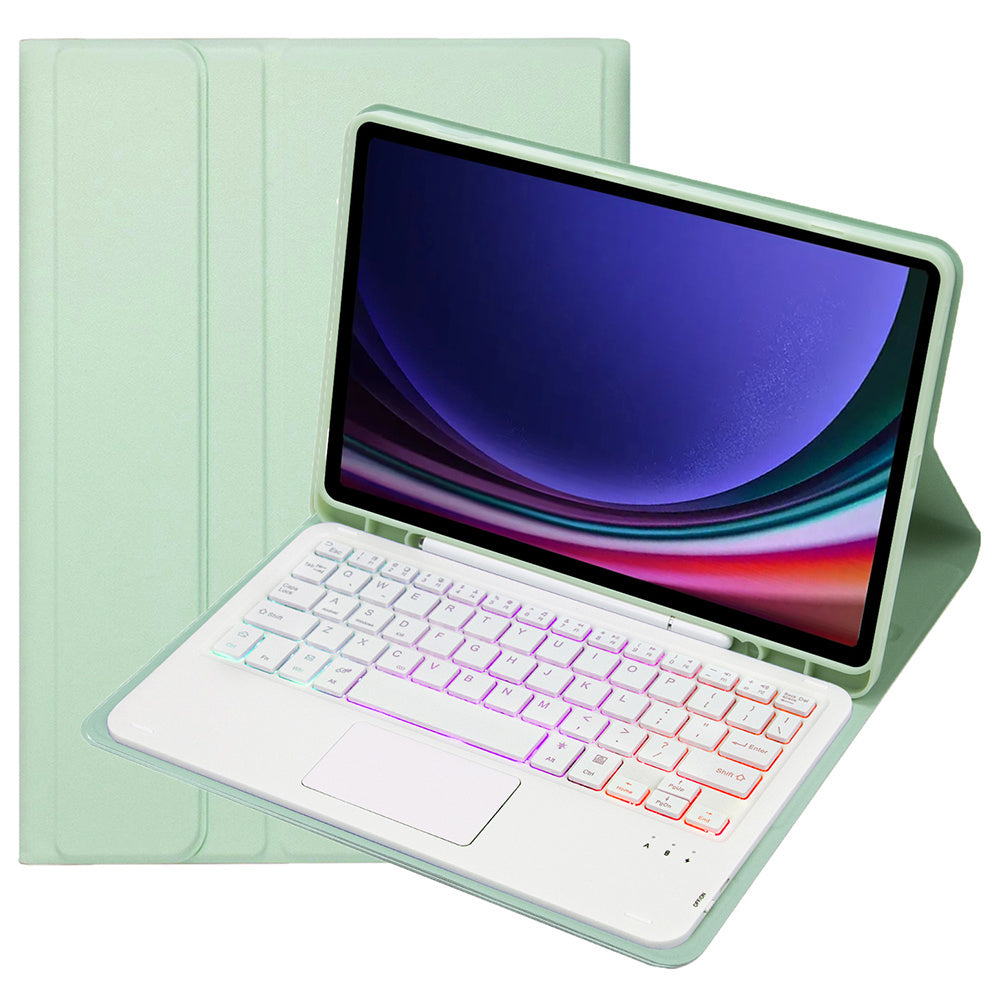 A710B-AS For Samsung Galaxy Tab S9 / S9 FE X710 / X716B / X718U Backlit Bluetooth Keyboard PU Tablet Case - Light Green