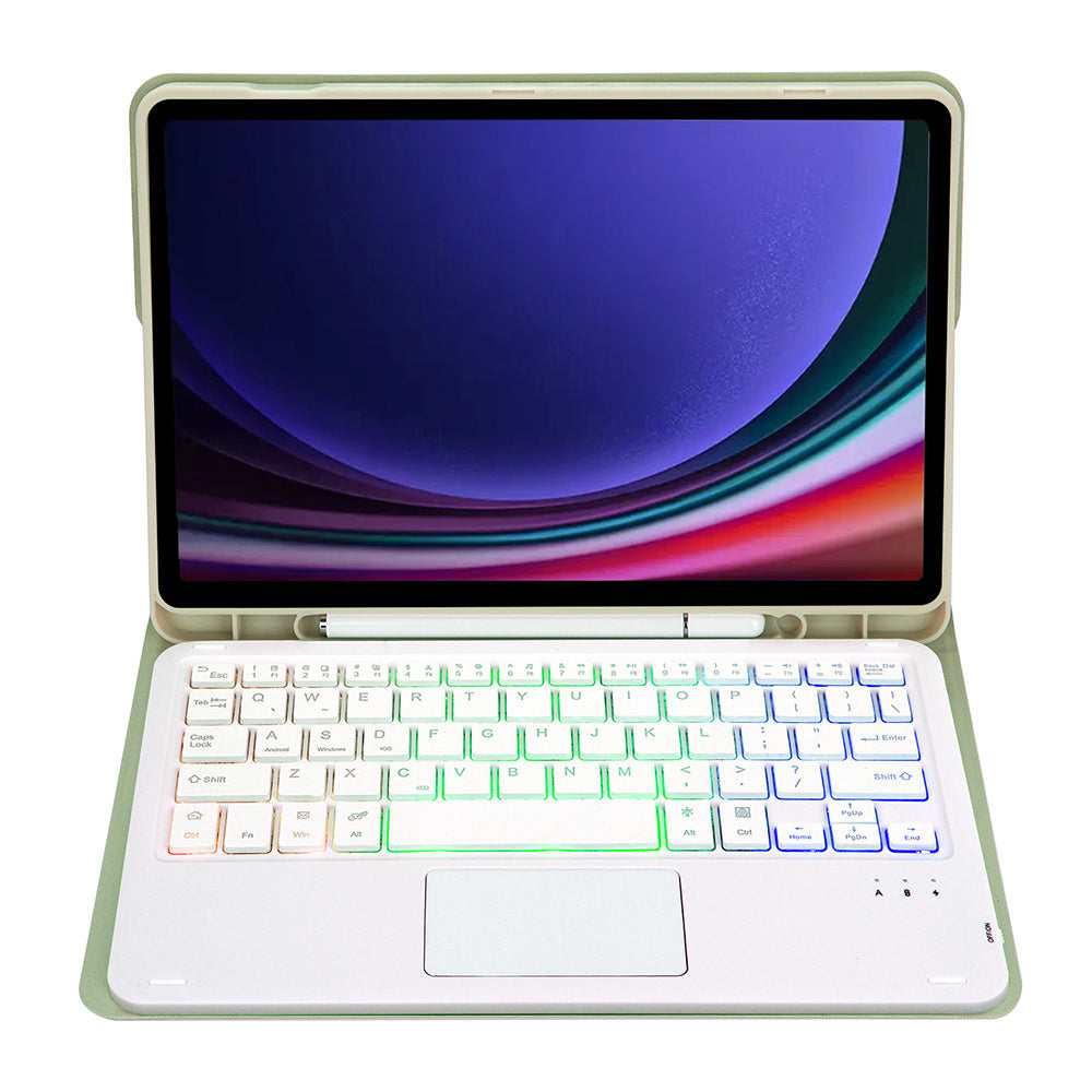 A710B-AS For Samsung Galaxy Tab S9 / S9 FE X710 / X716B / X718U Backlit Bluetooth Keyboard PU Tablet Case - Light Green