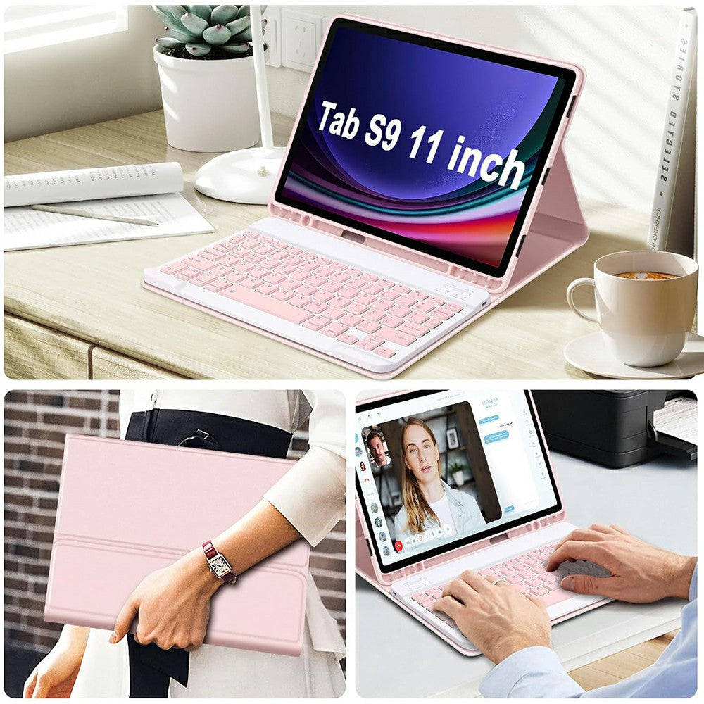 SK-X510 For Samsung Galaxy Tab S9 FE SM-X510 / X516 / X518 Bluetooth Keyboard Tablet Case PU Flip Cover - Pink