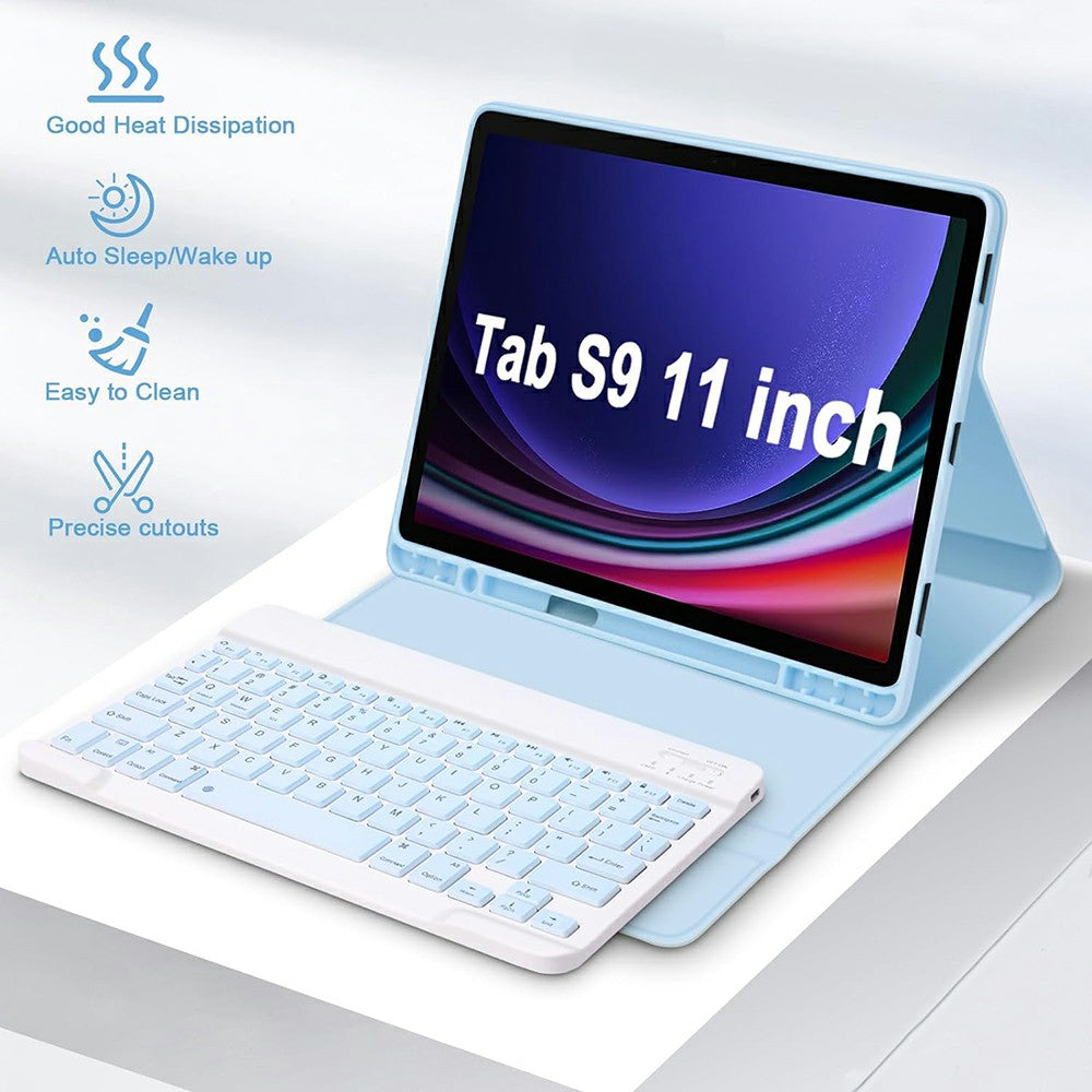 SK-X510 For Samsung Galaxy Tab S9 FE SM-X510 / X516 / X518 Bluetooth Keyboard Tablet Case PU Flip Cover - Sky Blue