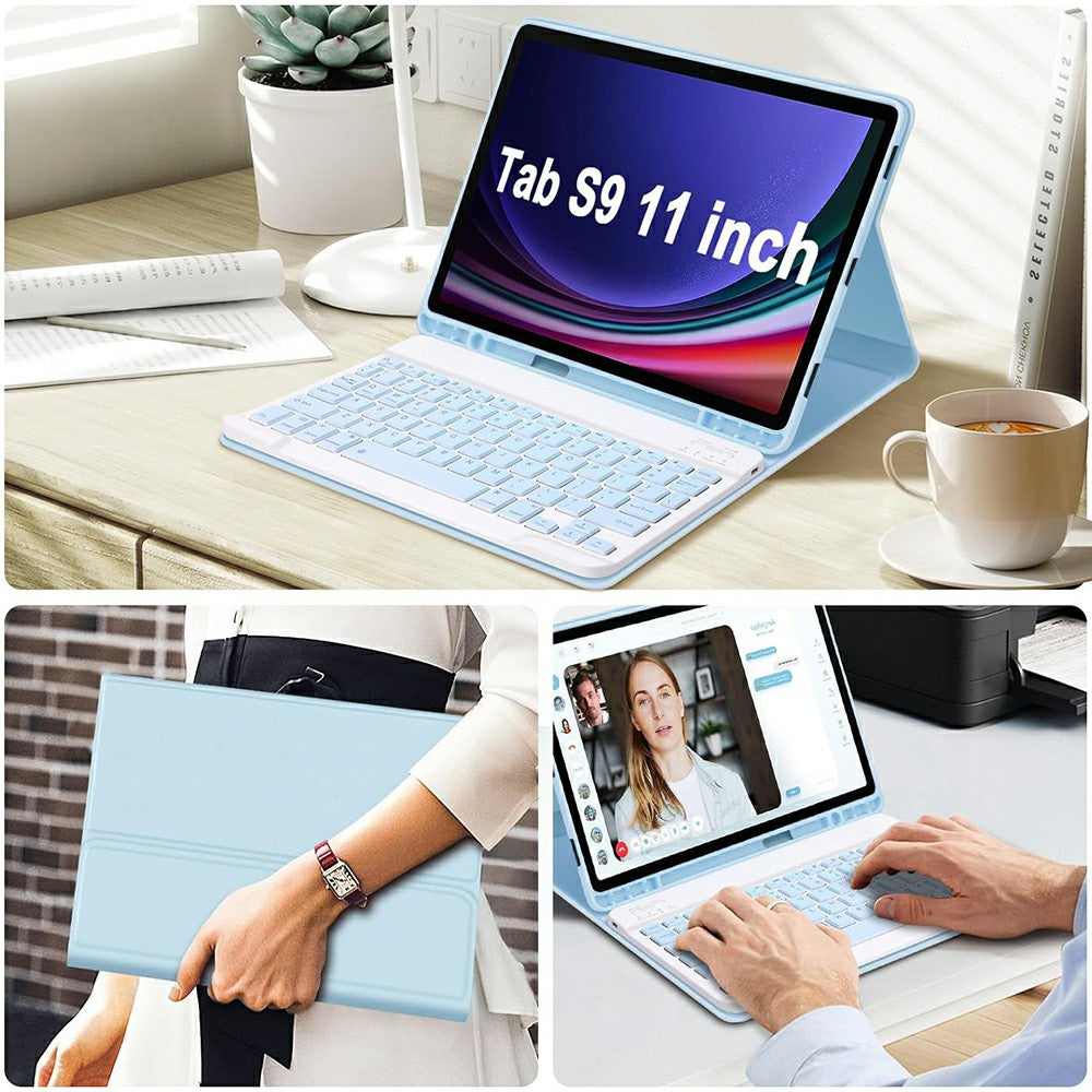 SK-X510 For Samsung Galaxy Tab S9 FE SM-X510 / X516 / X518 Bluetooth Keyboard Tablet Case PU Flip Cover - Sky Blue