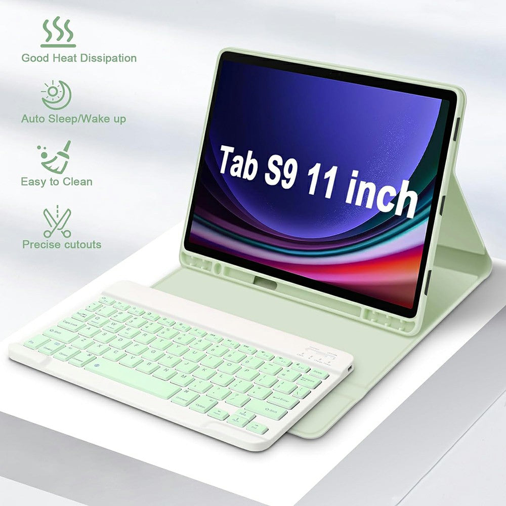 SK-X510 For Samsung Galaxy Tab S9 FE SM-X510 / X516 / X518 Bluetooth Keyboard Tablet Case PU Flip Cover - Green