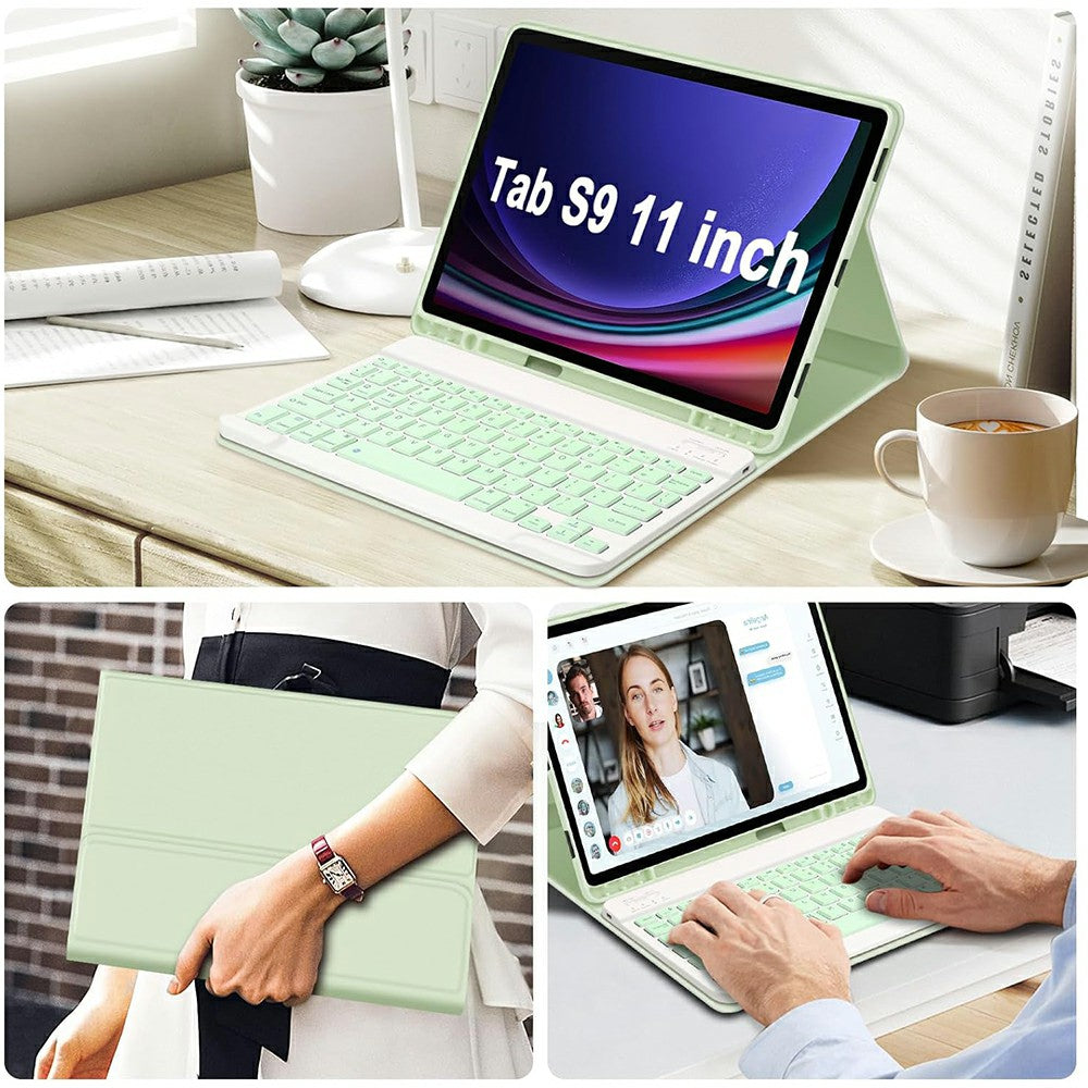 SK-X510 For Samsung Galaxy Tab S9 FE SM-X510 / X516 / X518 Bluetooth Keyboard Tablet Case PU Flip Cover - Green