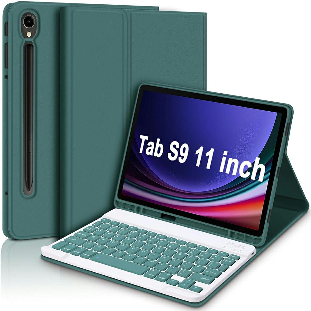 SK-X510 For Samsung Galaxy Tab S9 FE SM-X510 / X516 / X518 Bluetooth Keyboard Tablet Case PU Flip Cover - Midnight Green