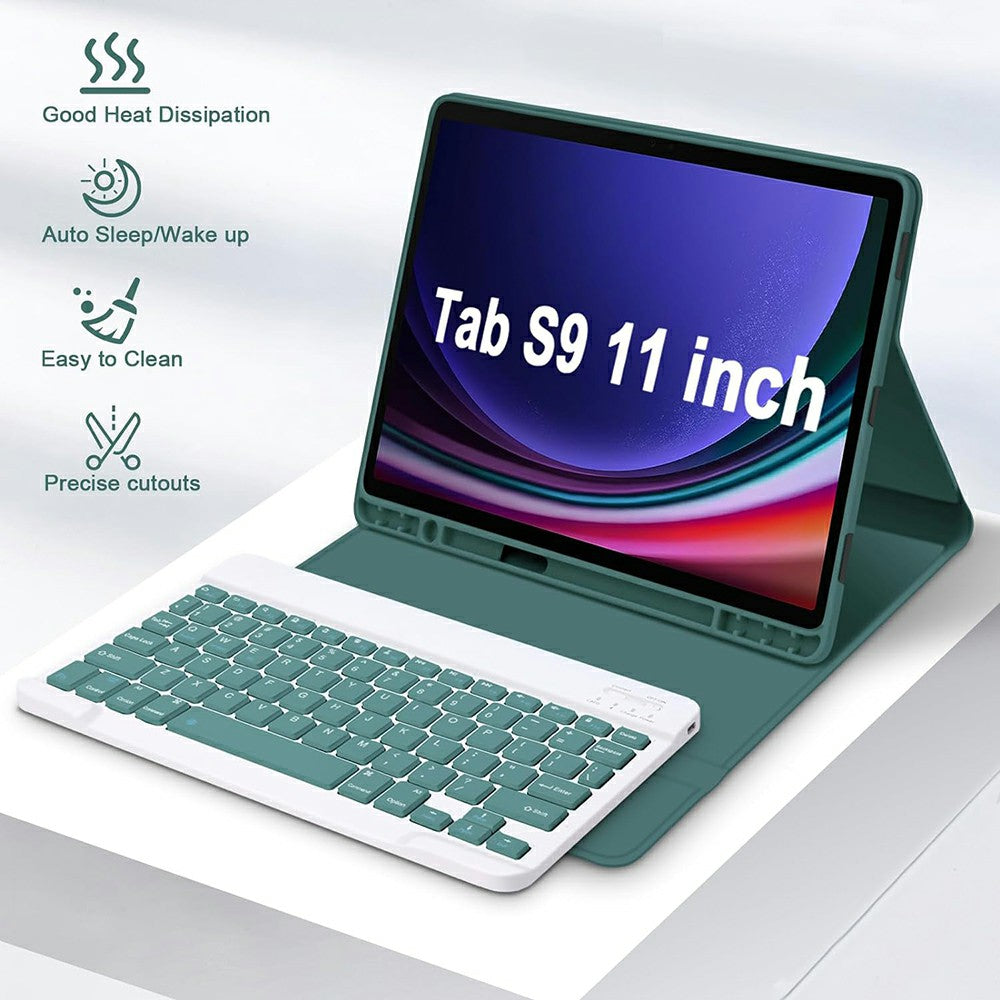 SK-X510 For Samsung Galaxy Tab S9 FE SM-X510 / X516 / X518 Bluetooth Keyboard Tablet Case PU Flip Cover - Midnight Green