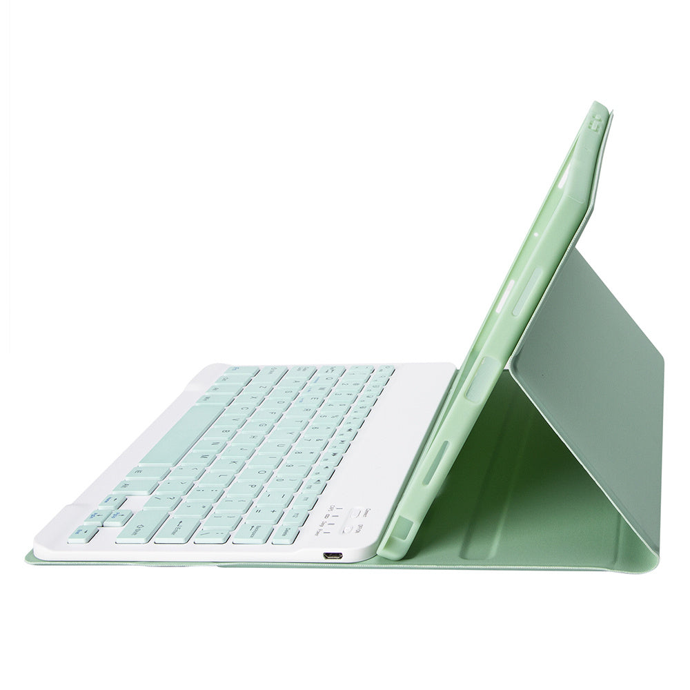 A710B For Samsung Galaxy Tab S9 FE X510 / X516 Pen Holder Leather Stand Cover + Bluetooth Keyboard - Light Green