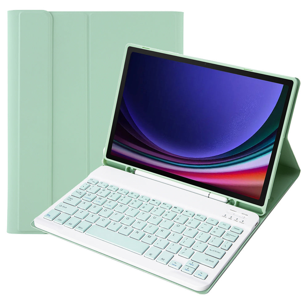 A710B For Samsung Galaxy Tab S9 FE X510 / X516 Pen Holder Leather Stand Cover + Bluetooth Keyboard - Light Green