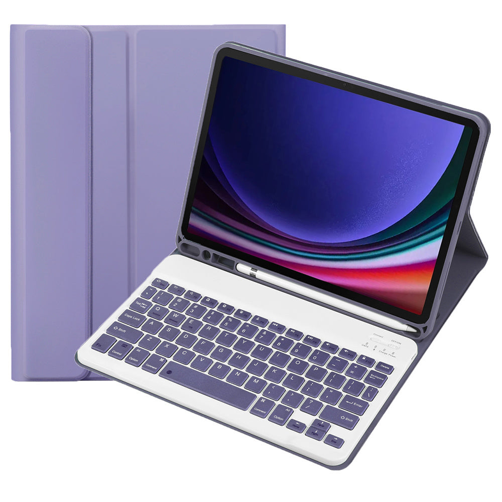 A710B For Samsung Galaxy Tab S9 FE X510 / X516 Pen Holder Leather Stand Cover + Bluetooth Keyboard - Purple