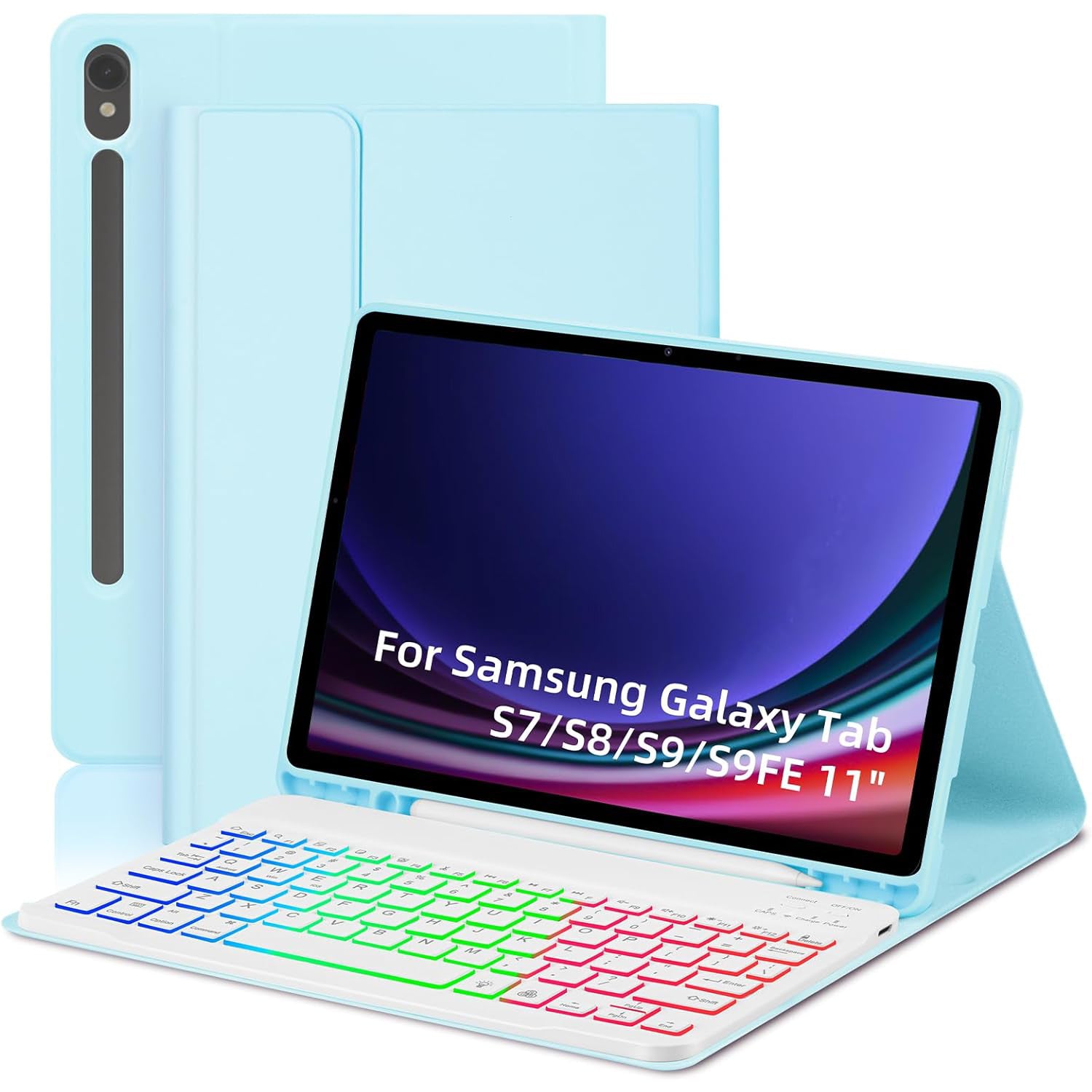 SD-X710 For Samsung Galaxy Tab S7 / S8 / S9 / S9 FE 11 inch PU Tablet Case Backlit Bluetooth Keyboard - Baby Blue