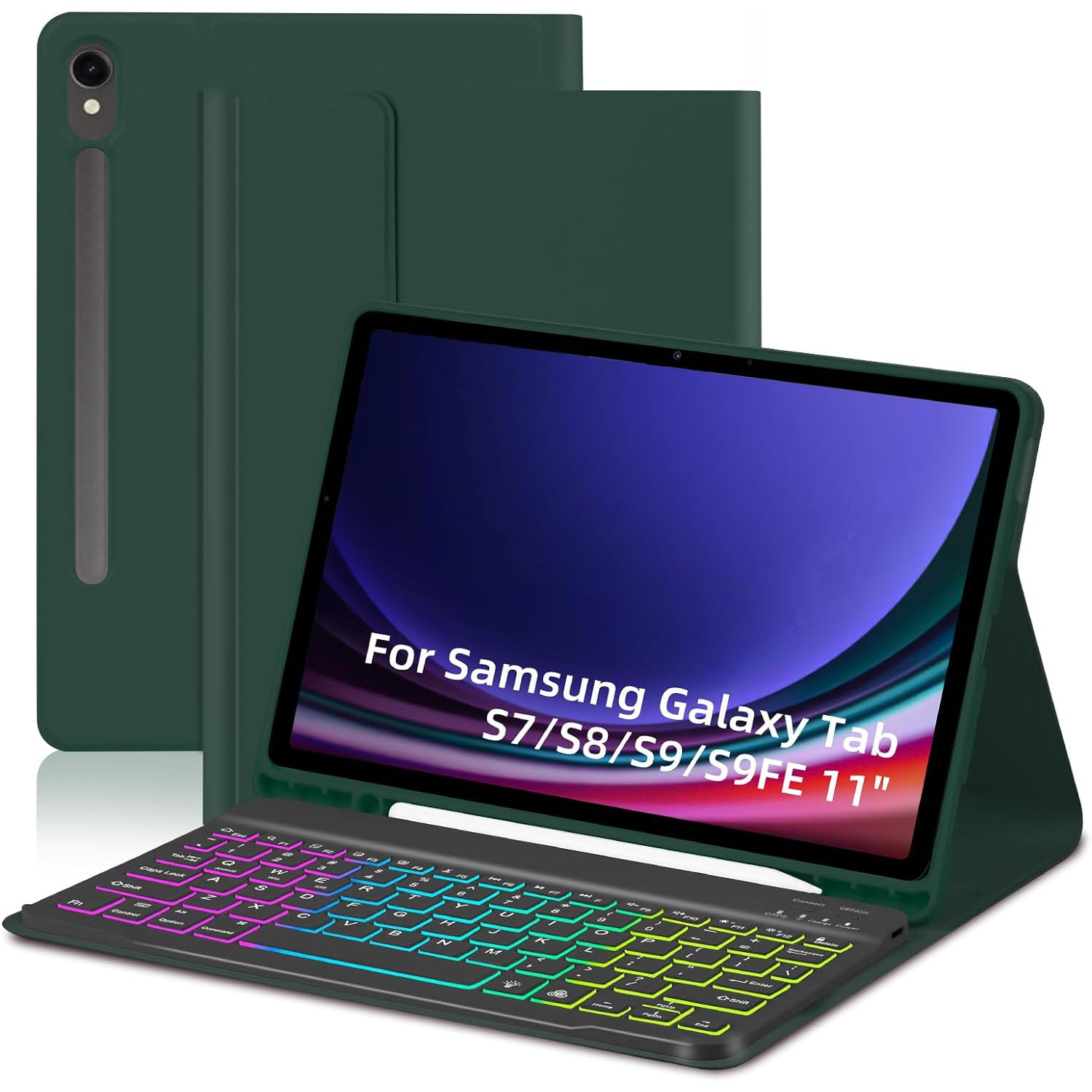 SD-X710 For Samsung Galaxy Tab S7 / S8 / S9 / S9 FE 11 inch PU Tablet Case Backlit Bluetooth Keyboard - Dark Green