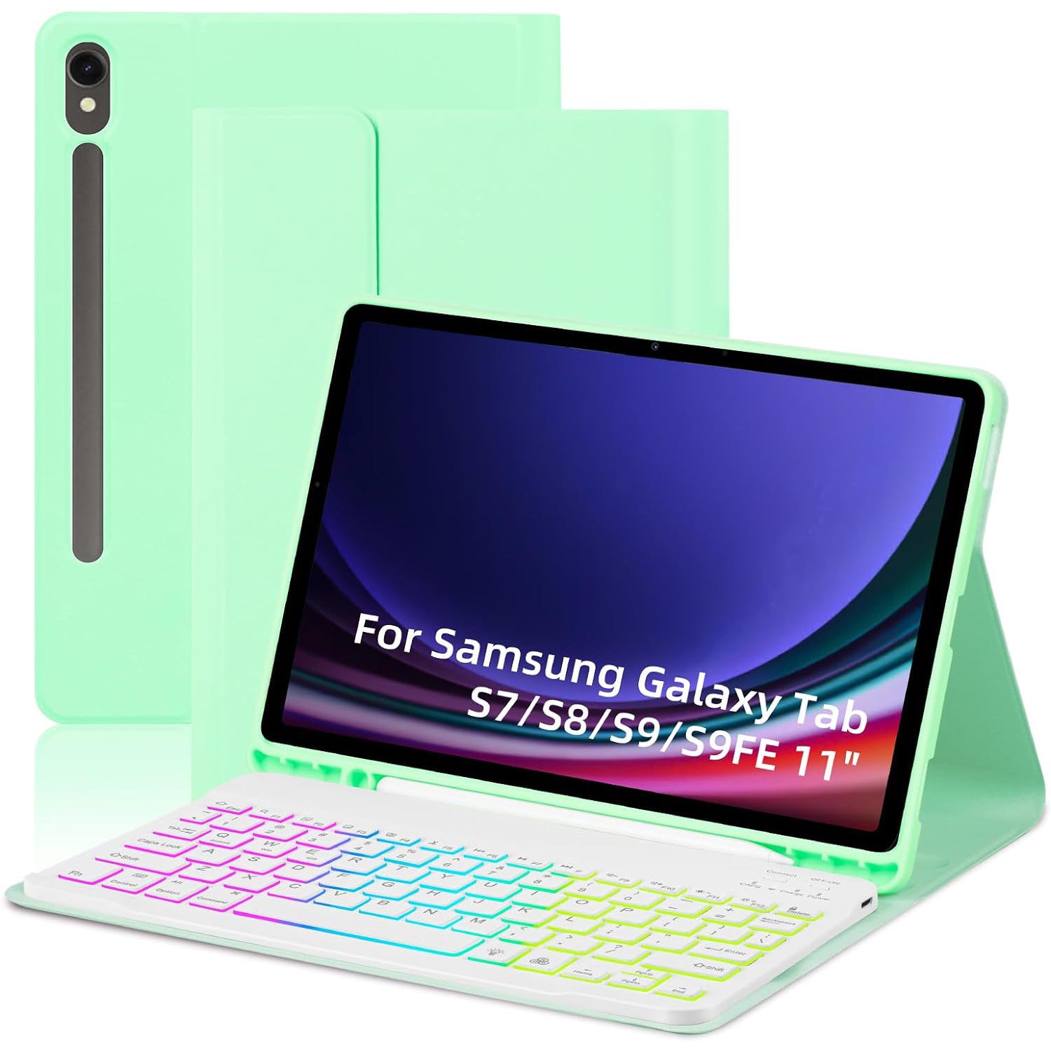 SD-X710 For Samsung Galaxy Tab S7 / S8 / S9 / S9 FE 11 inch PU Tablet Case Backlit Bluetooth Keyboard - Green