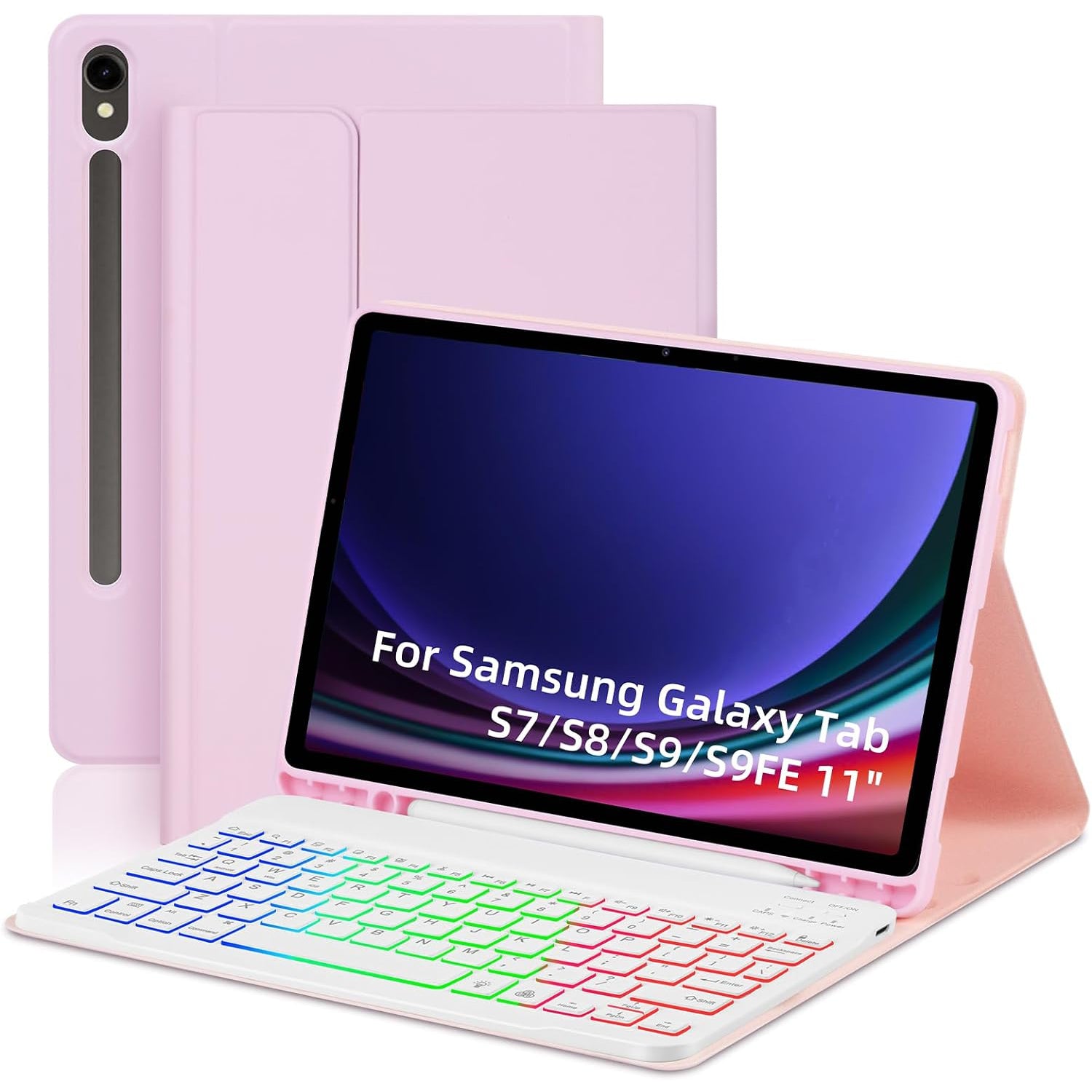 SD-X710 For Samsung Galaxy Tab S7 / S8 / S9 / S9 FE 11 inch PU Tablet Case Backlit Bluetooth Keyboard - Pink