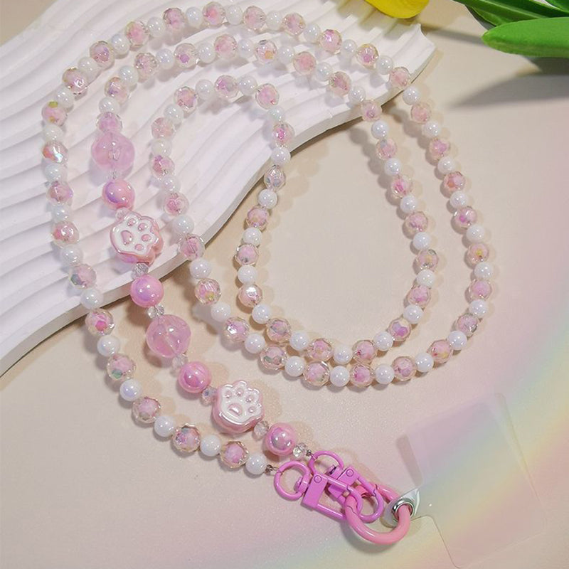 110cm Phone Lanyard for iPhone 16 / 16 Ultra / 16 Pro / 16 Pro Max Beaded Shoulder Neck Strap with Patch - Pink