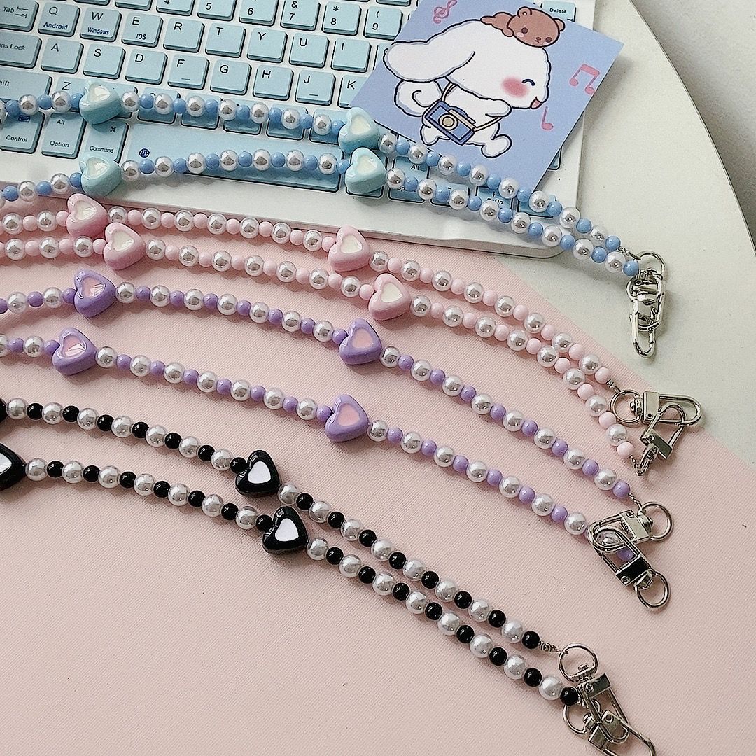 110cm Phone Lanyard Love Heart Pearl Beaded Crossbody Chain Strap - Blue