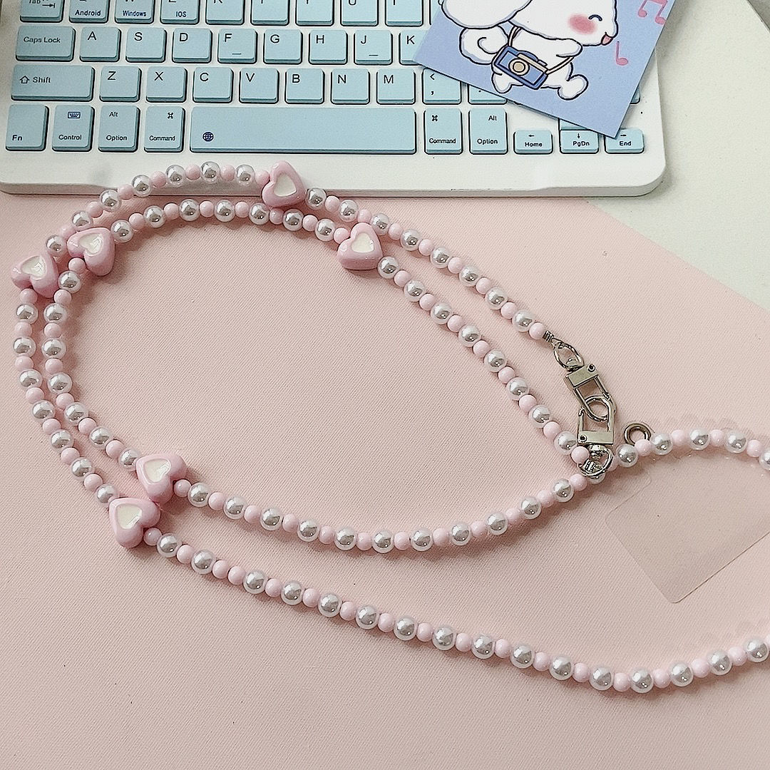 110cm Phone Lanyard Love Heart Pearl Beaded Crossbody Chain Strap - Pink