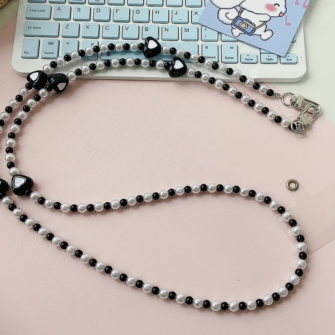 110cm Phone Lanyard Love Heart Pearl Beaded Crossbody Chain Strap - Black