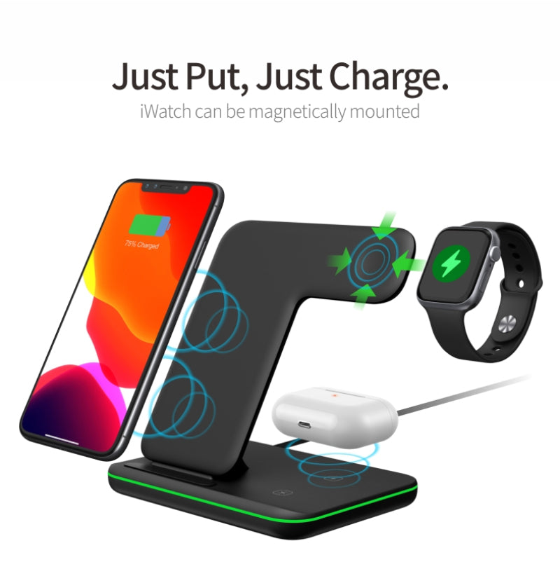 Z5A 3 in 1 15W Wireless Fast Charger Dock Station for iPhone 12 11 Pro Max iWatch Airpods - Black