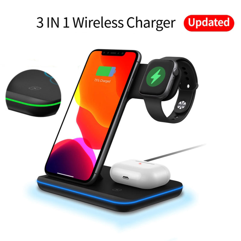 Z5A 3 in 1 15W Wireless Fast Charger Dock Station for iPhone 12 11 Pro Max iWatch Airpods - Black